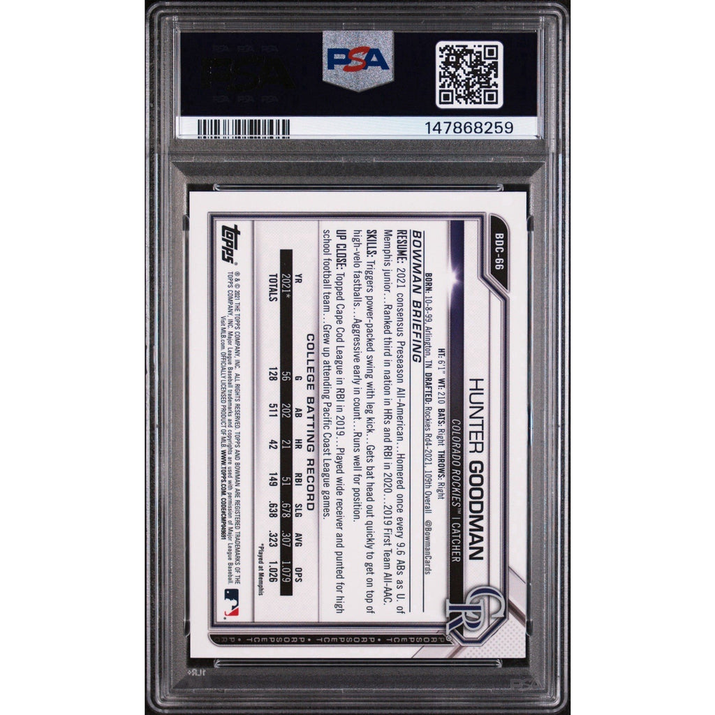 2021 BOWMAN DRAFT CHROME SAPPHIRE EDITION #BDC66 HUNTER GOODMAN GREEN /50 PSA 9