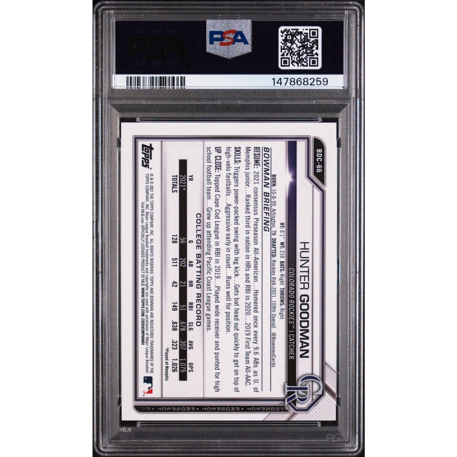 2021 BOWMAN DRAFT CHROME SAPPHIRE EDITION #BDC66 HUNTER GOODMAN GREEN /50 PSA 9