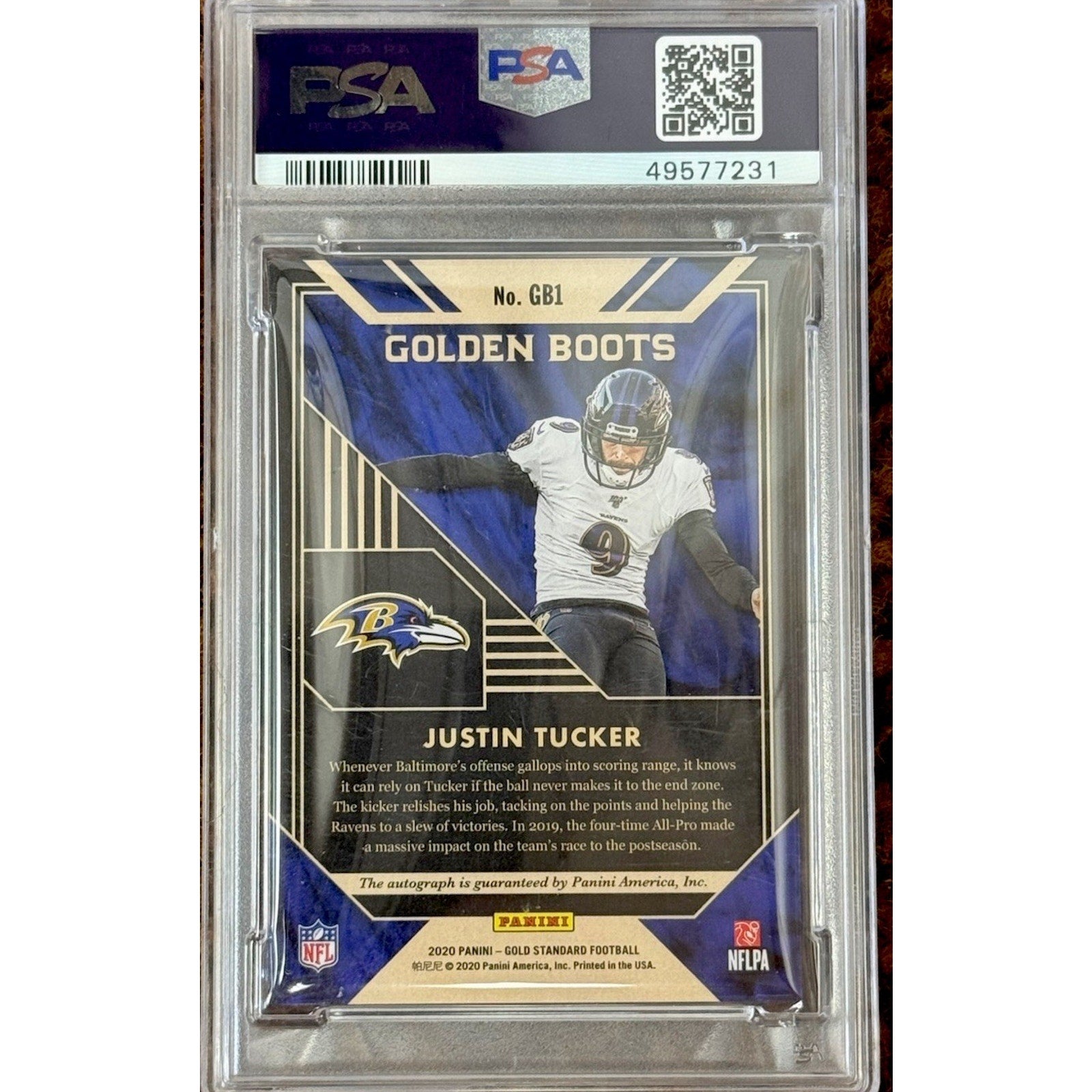 2020 Panini Gold Standard Justin Tucker Golden Boots Auto #GB1 Ravens /99 PSA 10