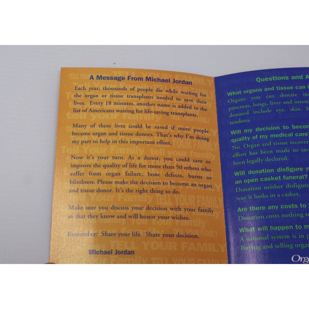 Back interior section of 1993 Michael Jordan organ and tissue donor awareness pamphlet