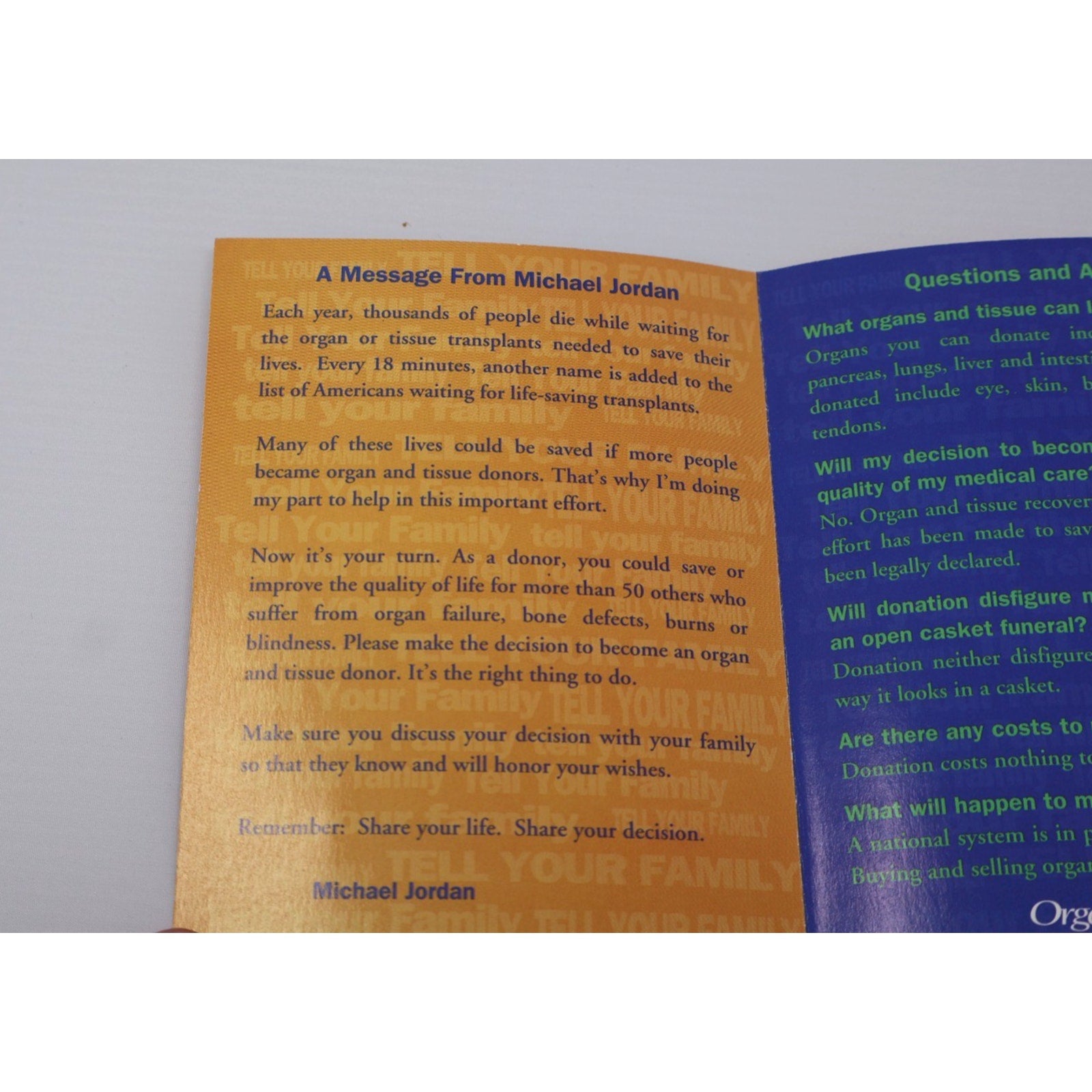 Michael Jordan Chicago Bulls Organ Donor Pamphlet 1993 Great Condition