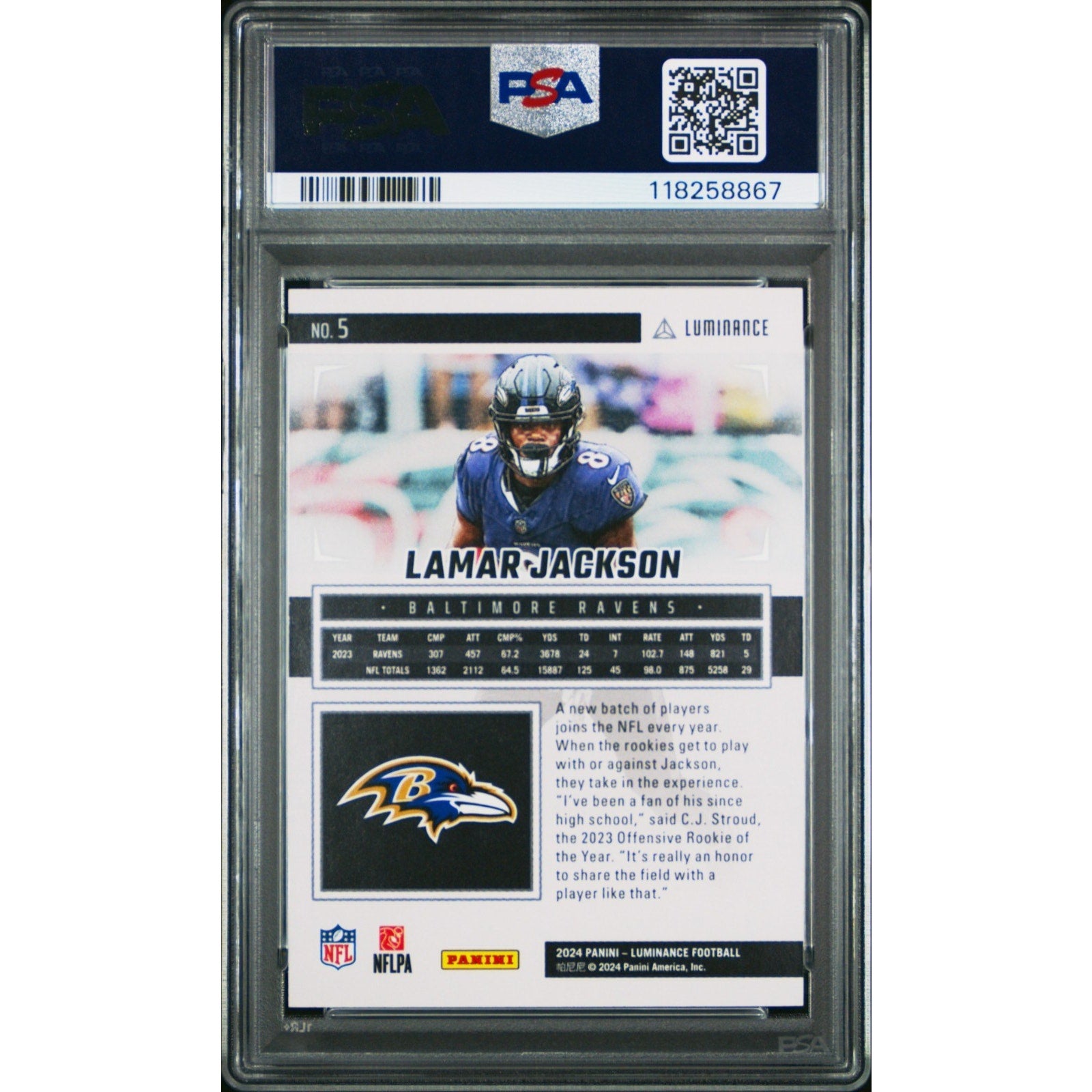 2024 Panini Luminance Lamar Jackson #5 Red /25 PSA 10 Gem Mint POP 2 Ravens MVP