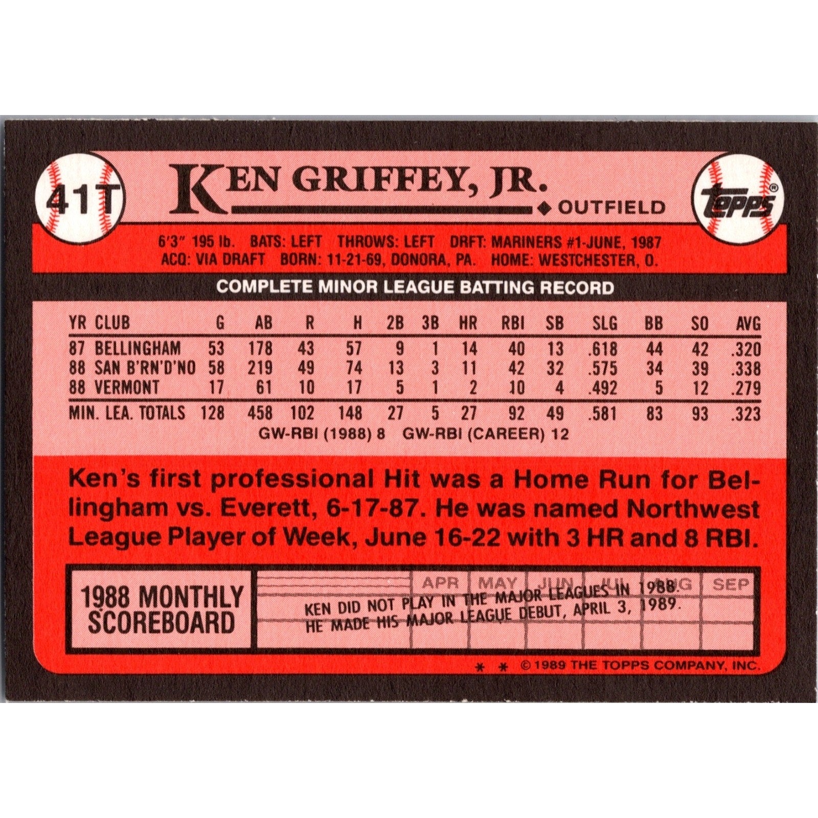 1989 Topps Traded Ken Griffey Jr. #41T Rookie RC Seattle Mariners HOF NM