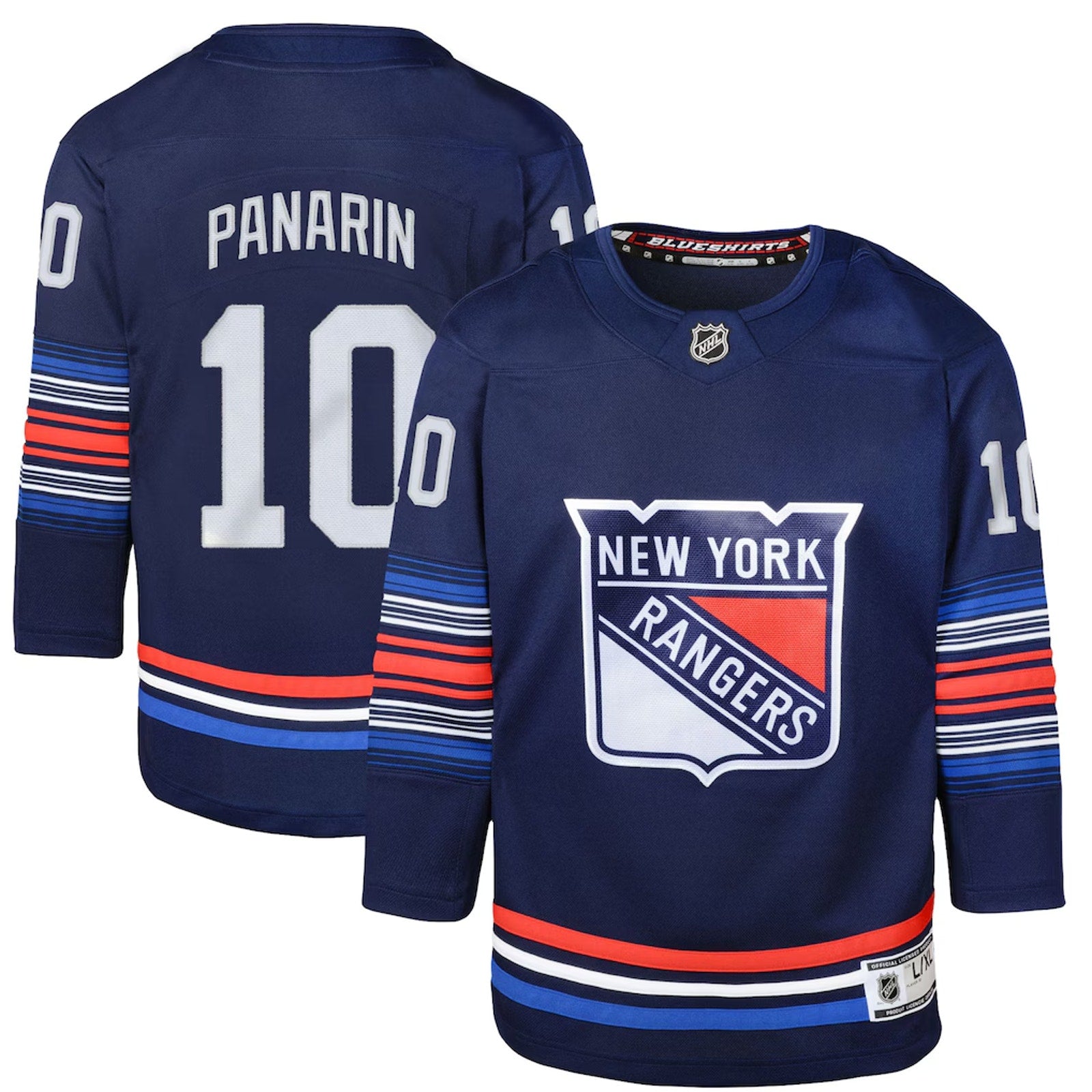 Artemi Panarin New York Rangers Youth Alternate Premier Jersey front and back view in blue NHL alternate design