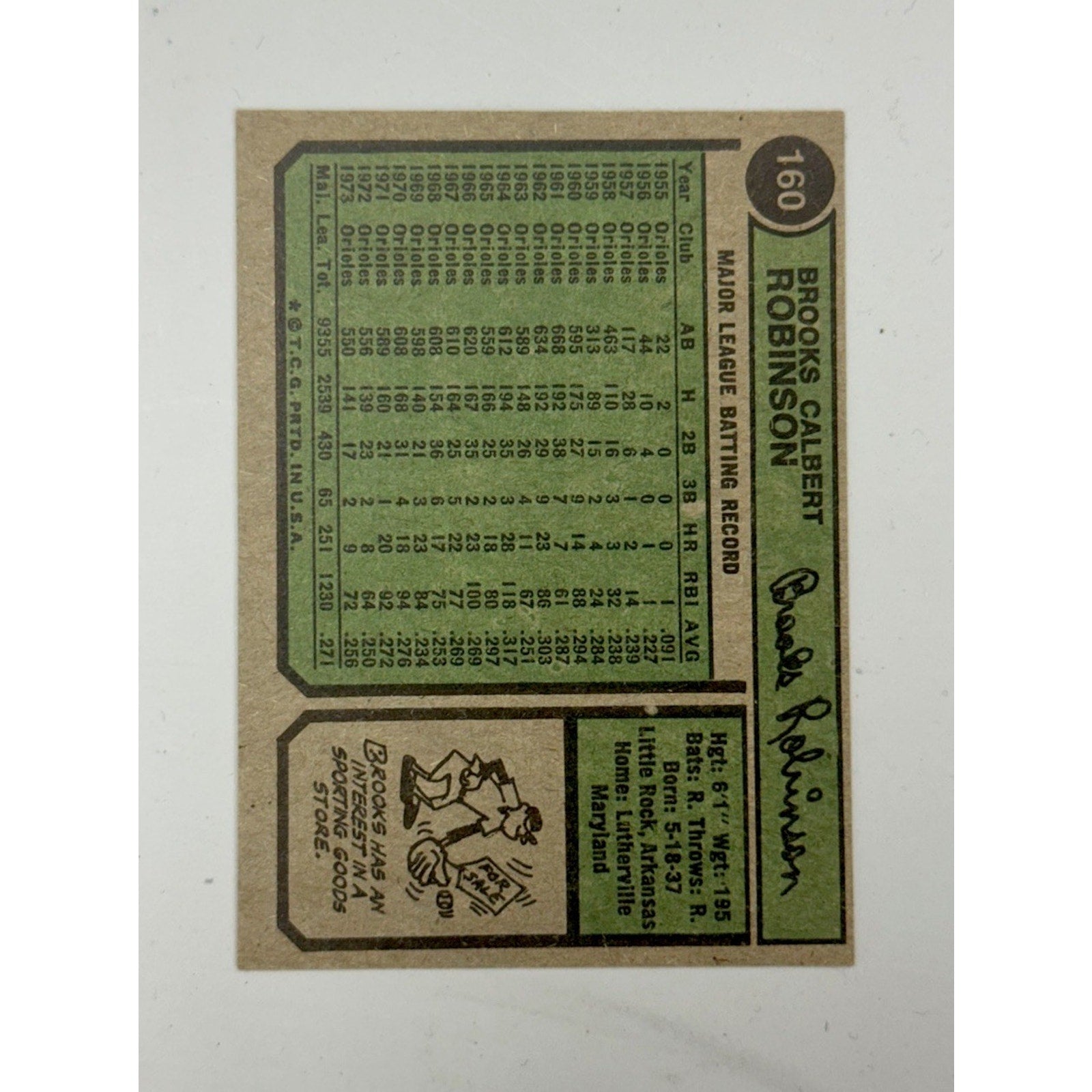 1974 Topps Brooks Robinson Signed On Card Auto #160 Orioles Vintage