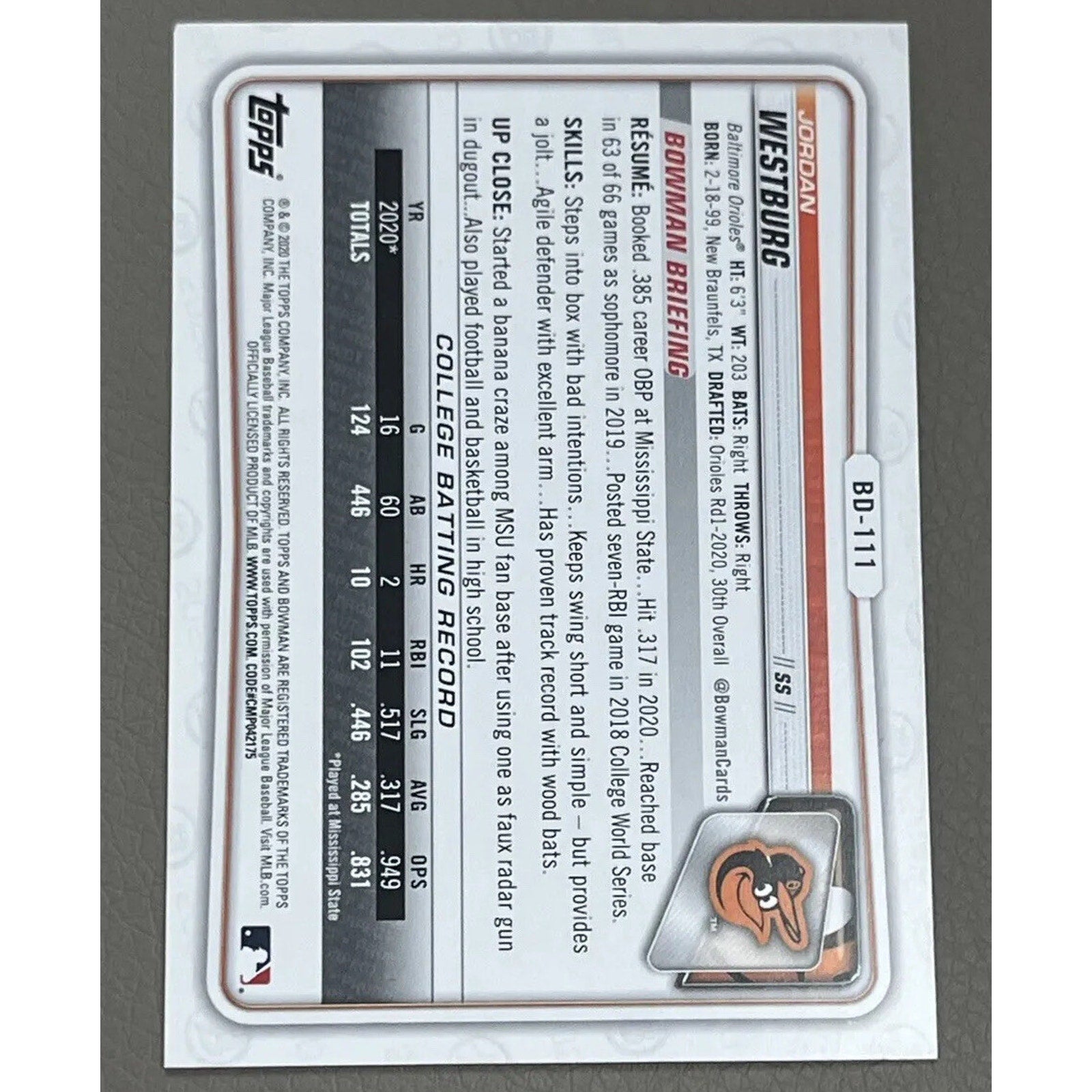 Jordan Westburg 2020 1st Bowman Draft Auto BD-111 Mint RC Rookie