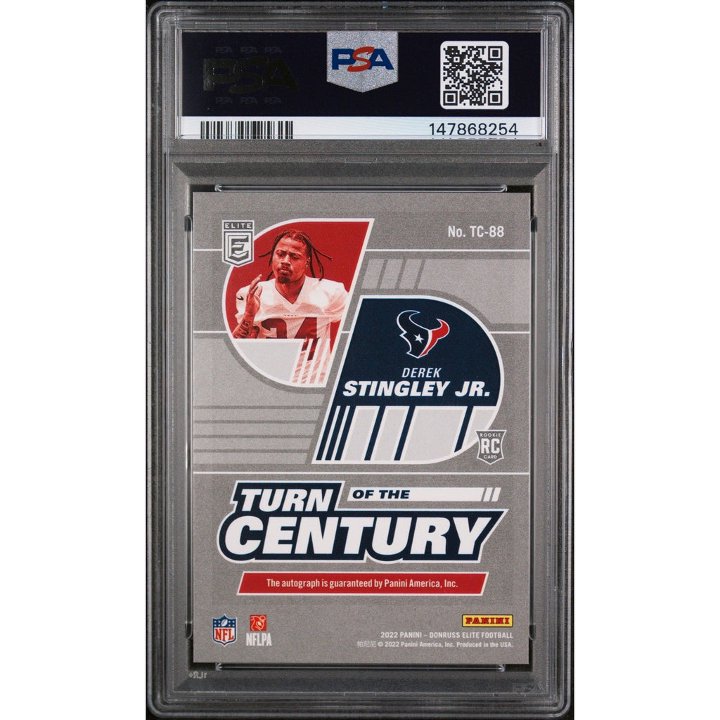 2022 Donruss Elite Turn Up of the Century Derek Stingley Jr. Autograph Rookie Card PSA 10 back featuring card details and authentication information