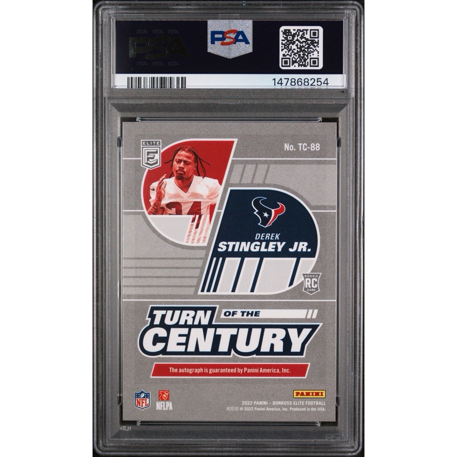 2022 Donruss Elite Turn Up of the Century Derek Stingley Jr. Autograph Rookie Card PSA 10 back featuring card details and authentication information