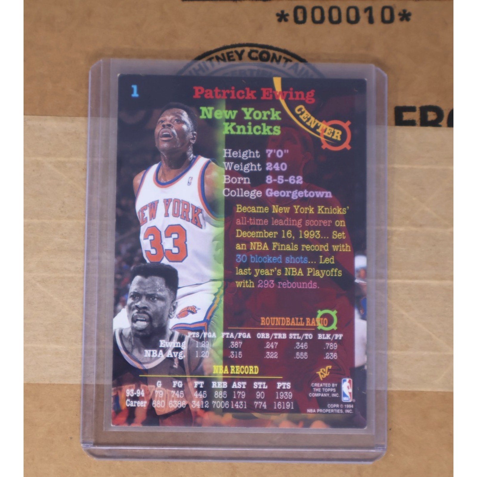 Patrick Ewing Autographed 1994 Topps Stadium Club Card #1 New York Knicks