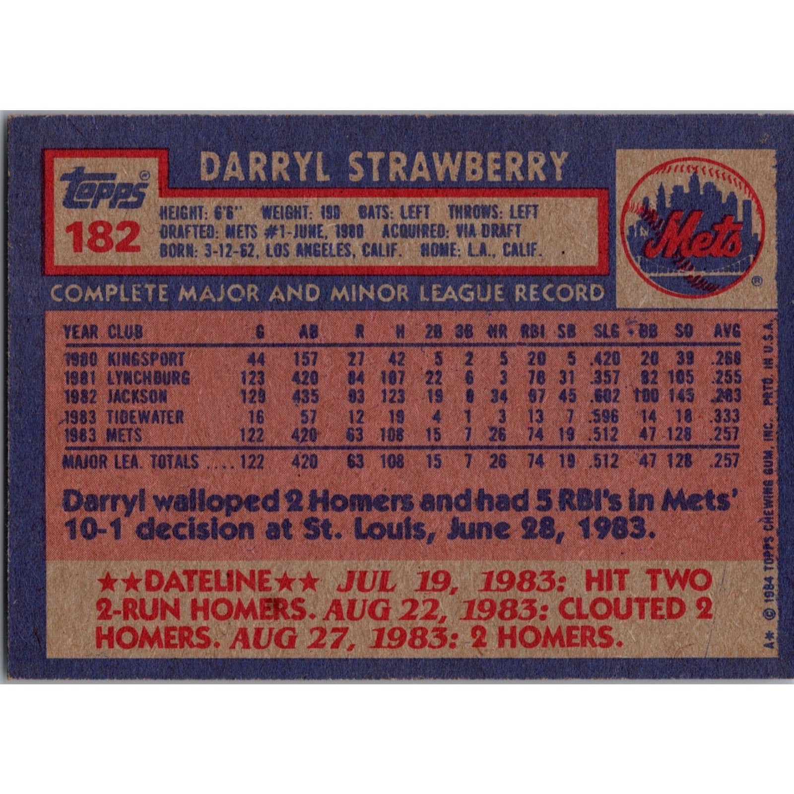 Darryl Strawberry 1984 Topps #182 RC Rookie NM New York Mets