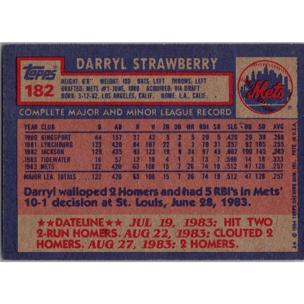 Darryl Strawberry 1984 Topps #182 RC Rookie NM New York Mets