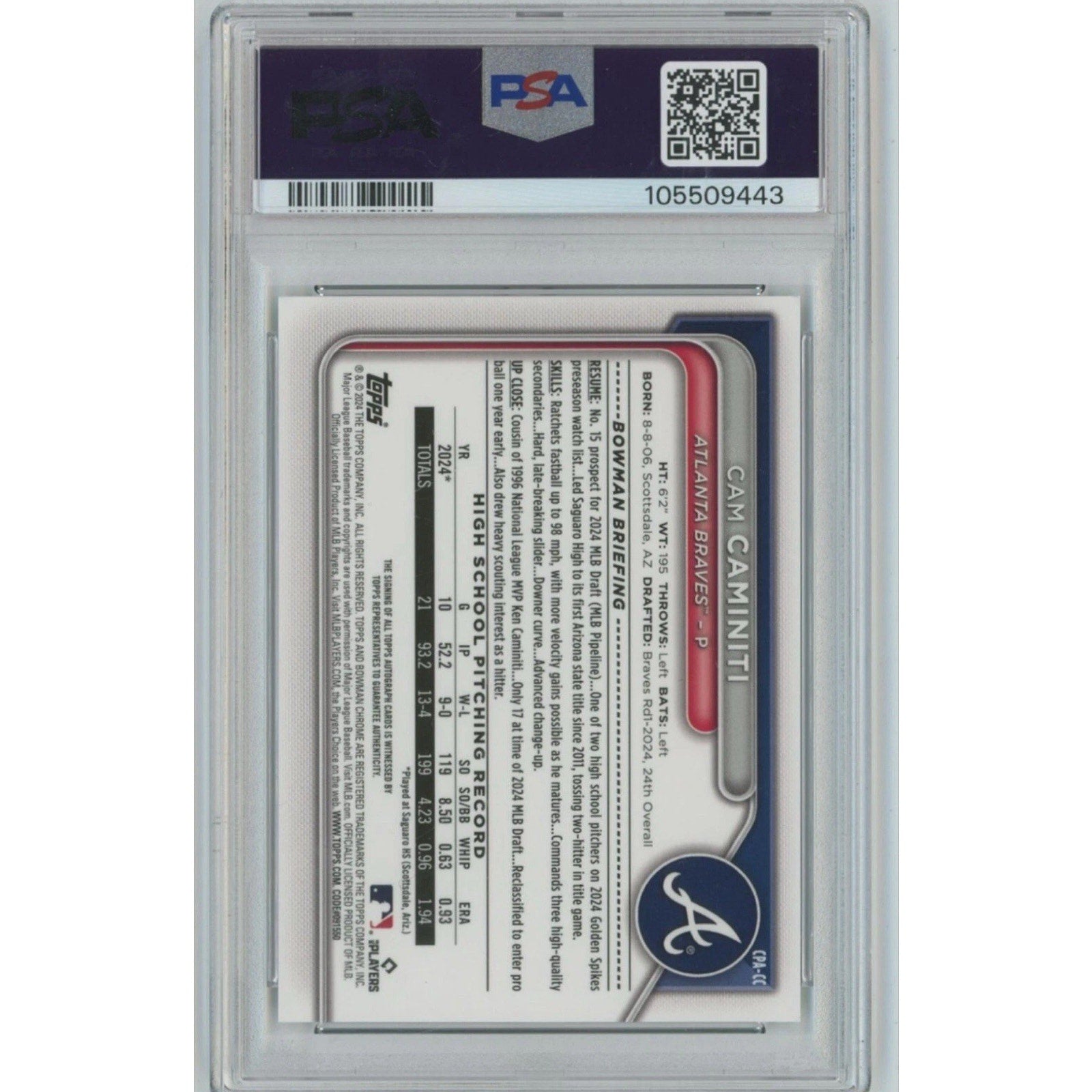 2024 Bowman Draft Chrome Prospect Auto Green Lava Cam Caminiti /99 PSA 9 #CPA-CC