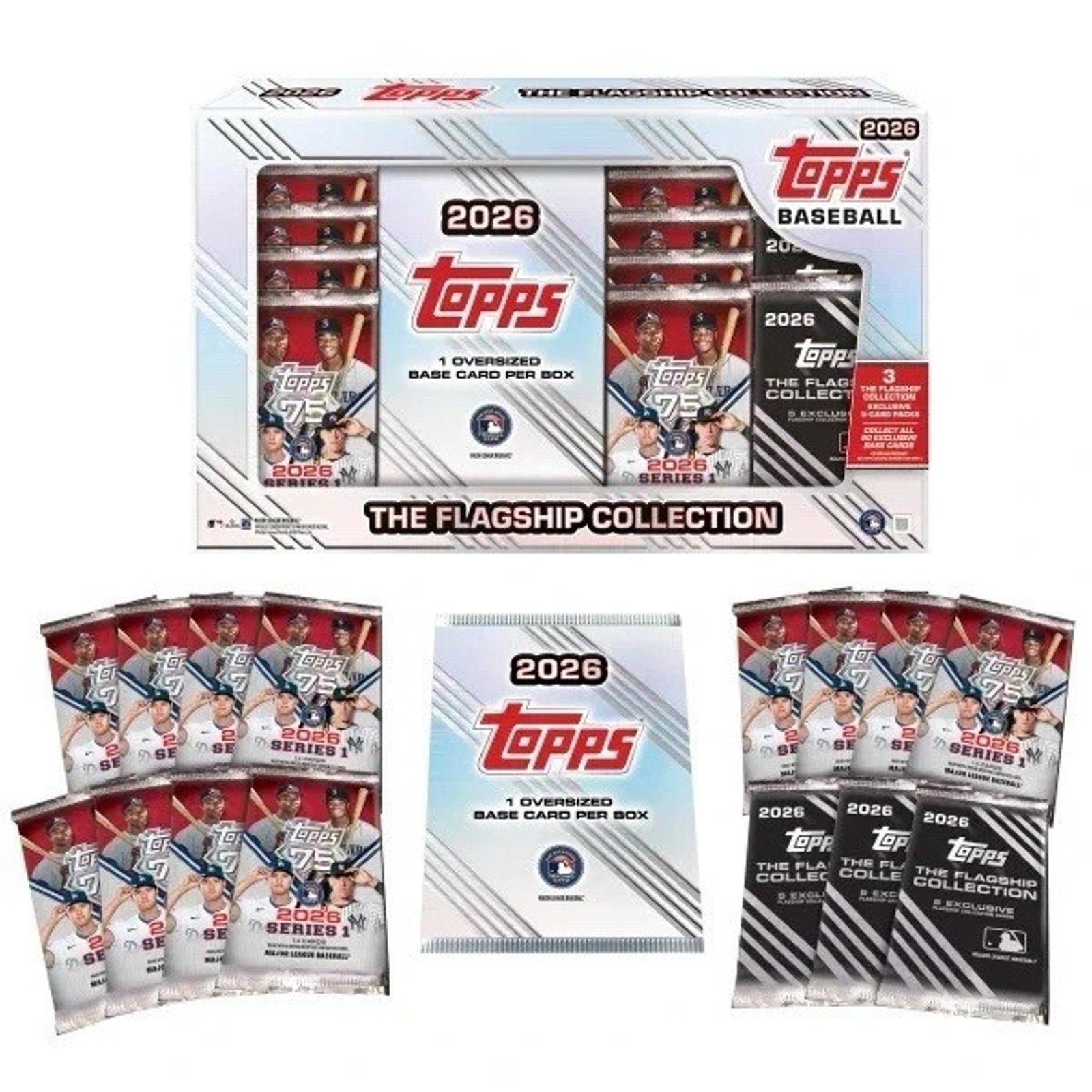 2026 Topps Flagship Collection MLB Baseball box contents and promotional product display