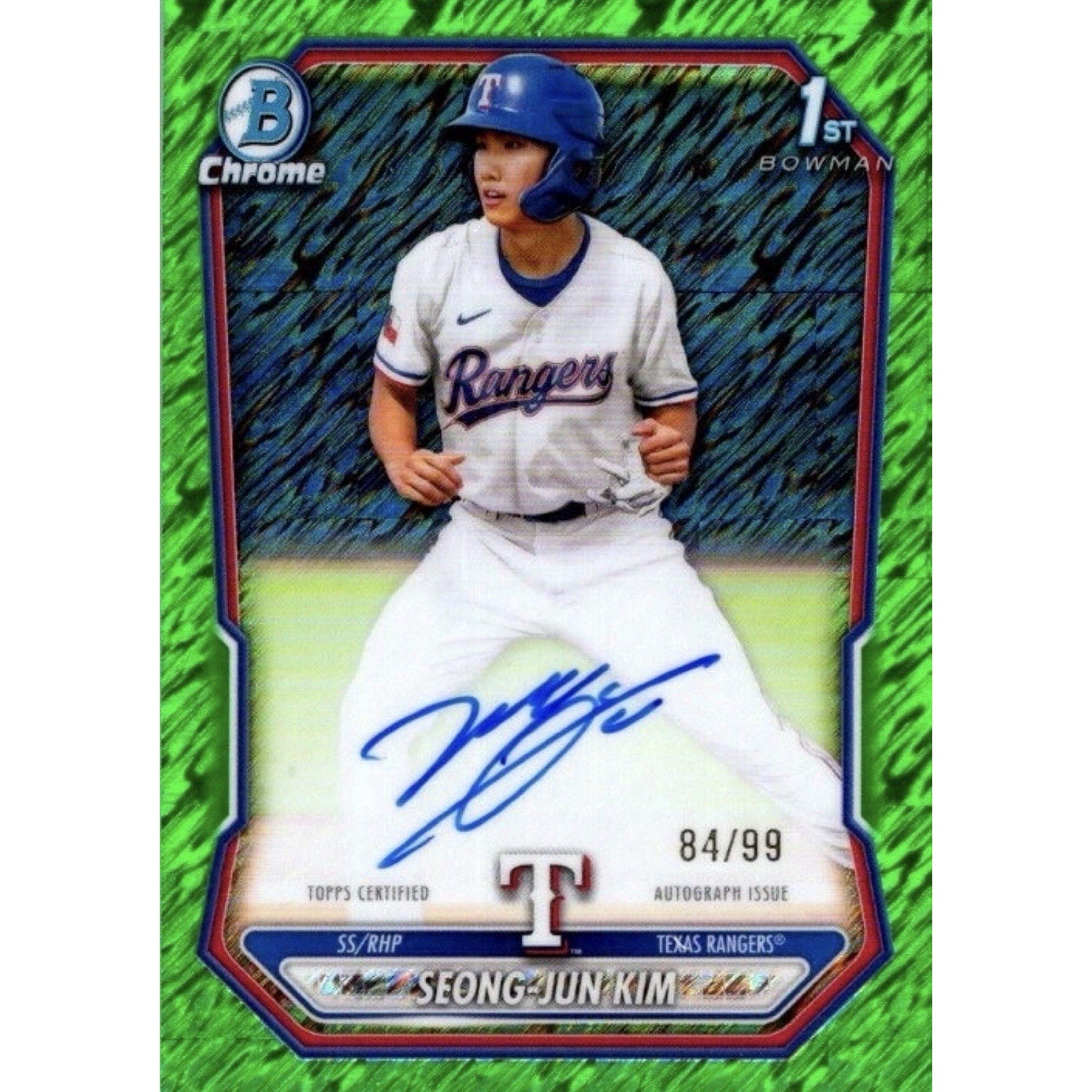 2026 Bowman Chrome Seong-Jun Kim 1st Bowman Green Shimmer Autograph #CPA-SK 84/99 Texas Rangers prospect card front
