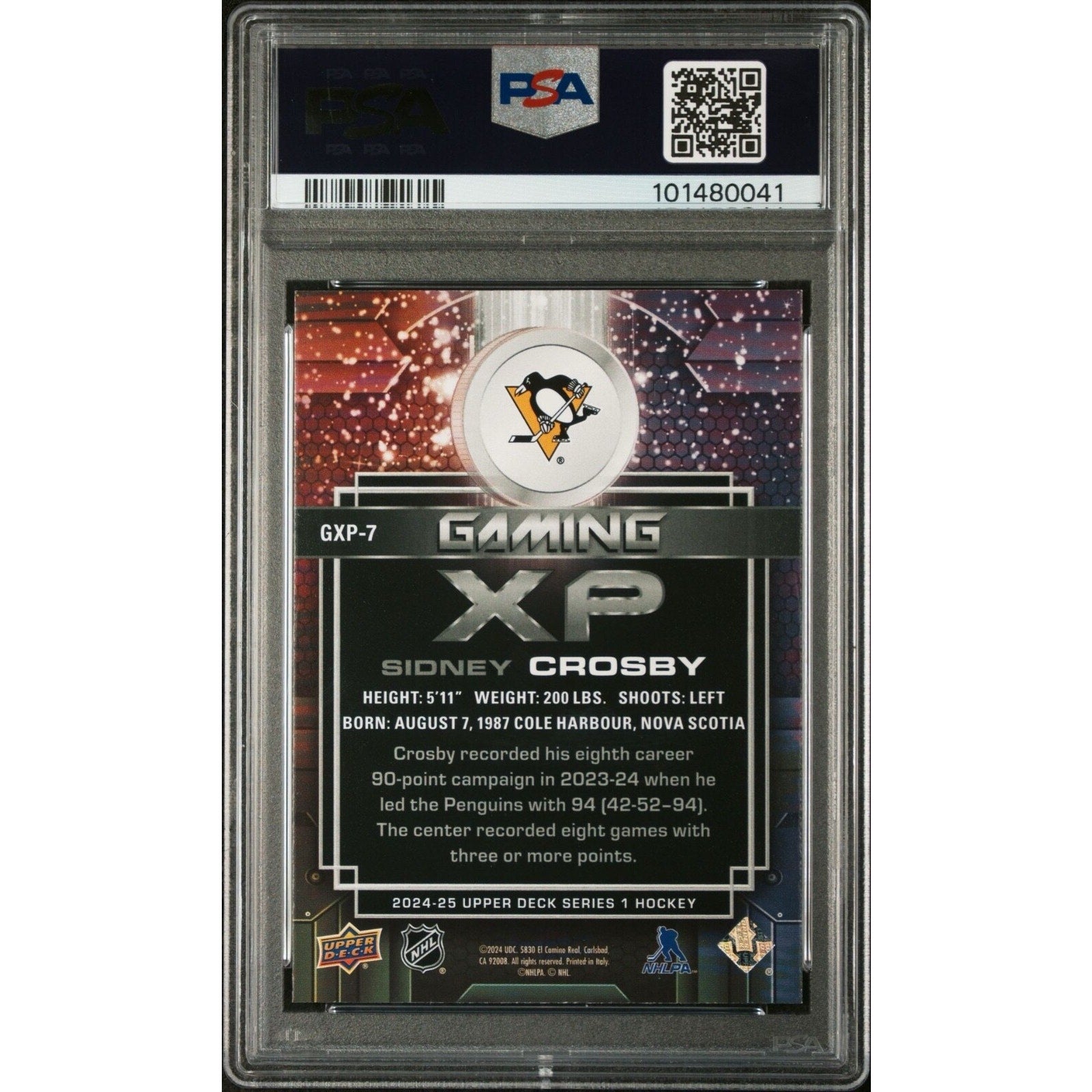 2024-25 Upper Deck Series 1 Gaming XP Speckle #GXP-7 Sidney Crosby PSA 10 POP 1
