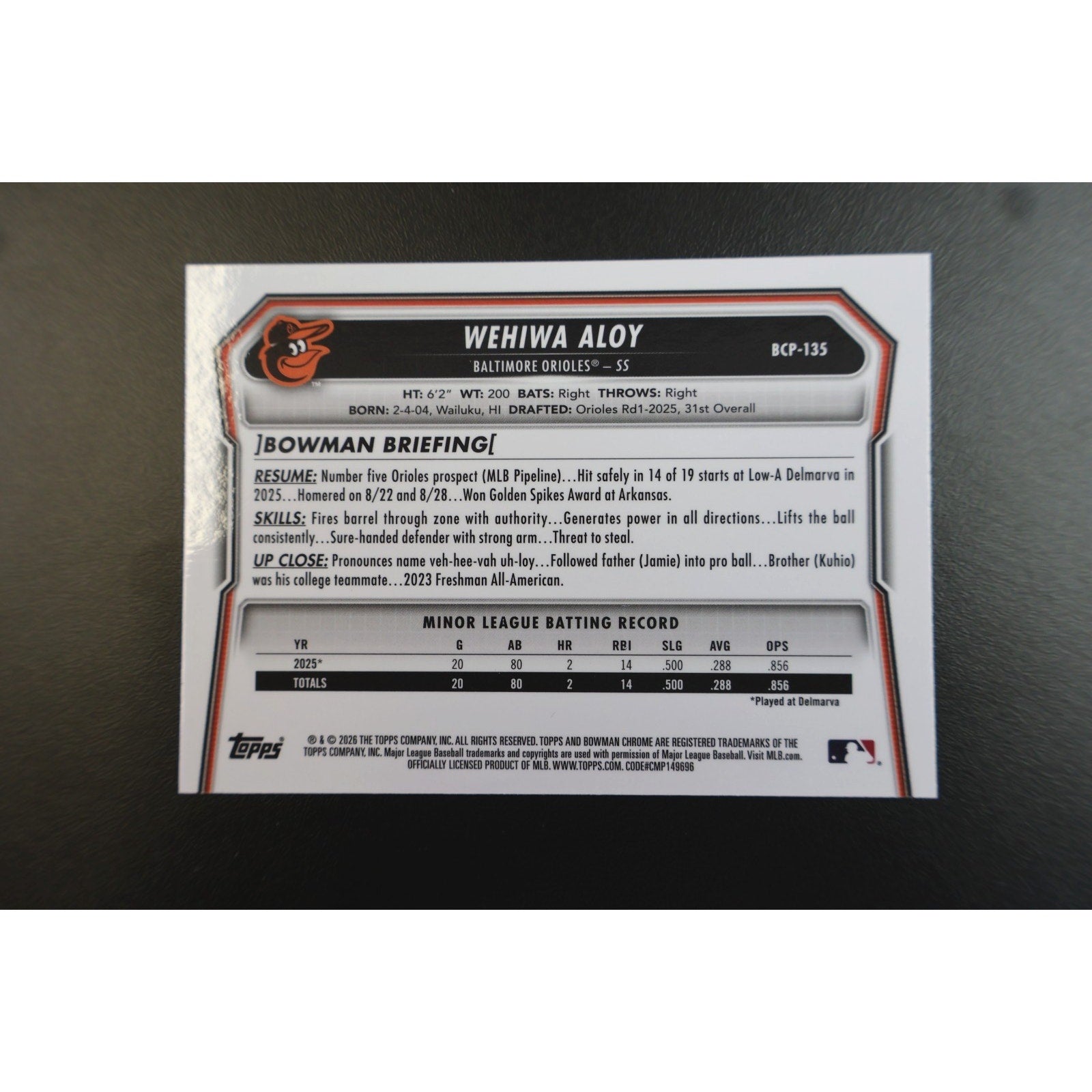 Wehiwa Aloy 2026 Bowman Chrome 1st Blue Mojo Refractor RC /175 #BCP-135 Mint