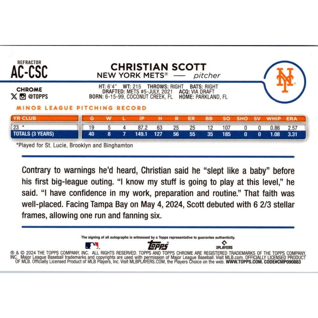 2024 Topps Chrome Update Refractor Christian Scott RC Auto /499 Mets