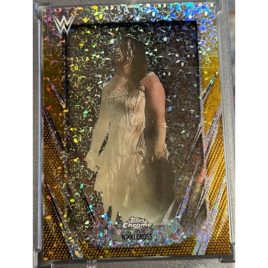 2026 Topps Chrome WWE Nikki Cross Gold Mini Diamond Refractor SSP card numbered to 50 featuring WWE superstar