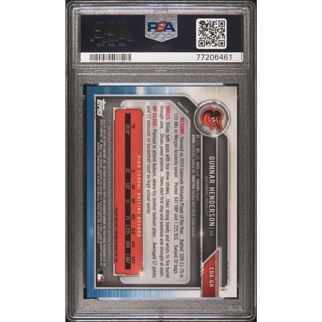 2019 Bowman Draft 1st Chrome GUNNAR HENDERSON Auto PSA 10 Rookie RC #CDAGH