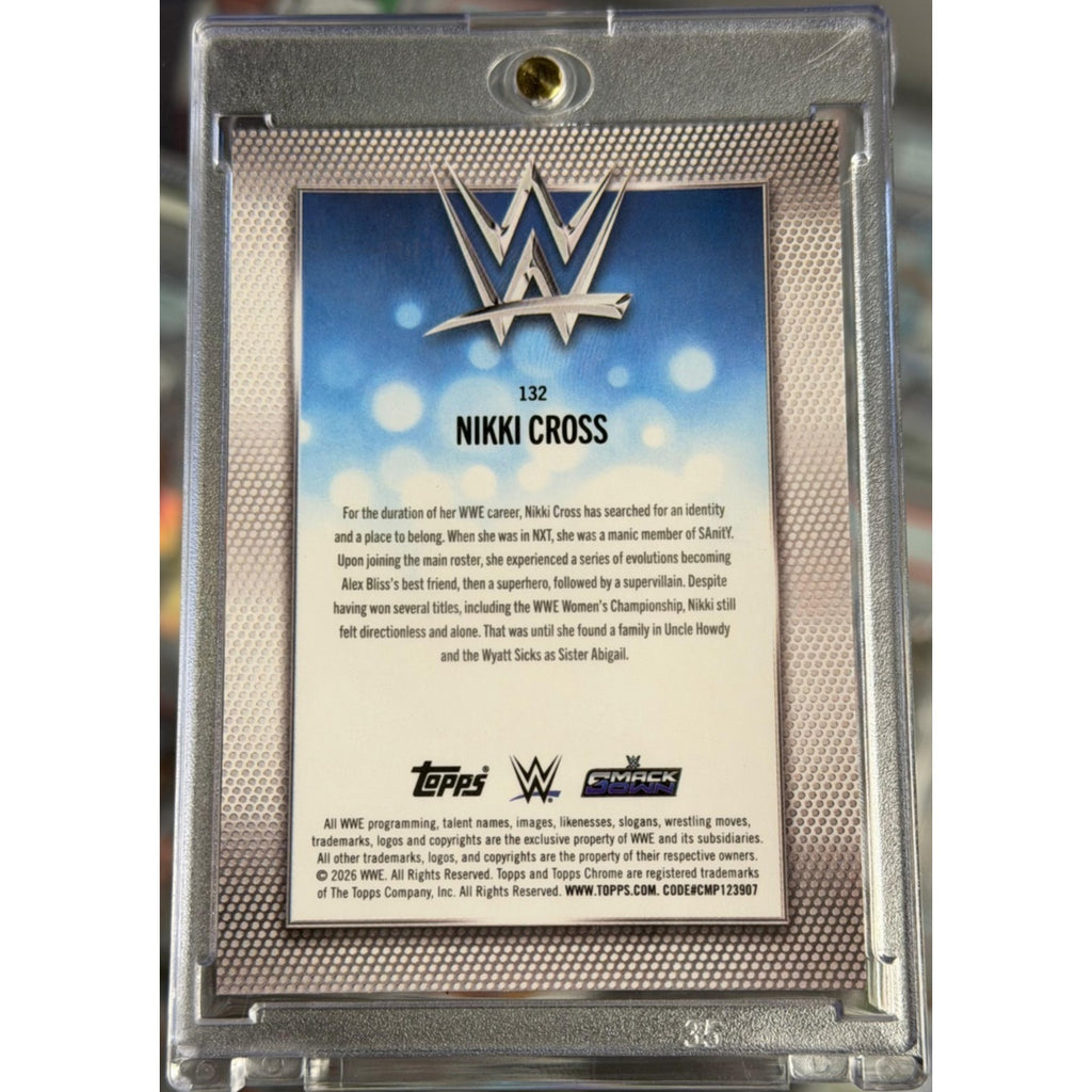 Back of 2026 Topps Chrome WWE Nikki Cross Gold Mini Diamond Refractor SSP card serial numbered to 50