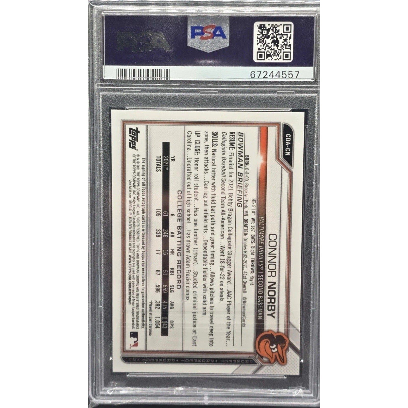 2021 Bowman Draft Connor Norby Auto Blue Wave Refractor /150 PSA 10 Chrome CDACN