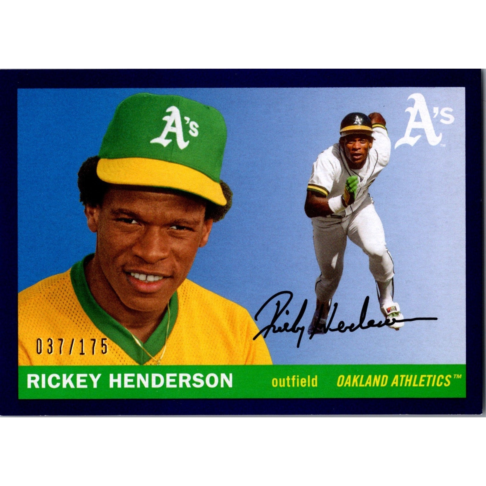 2020 Topps Archives 1955 Design #11 Rickey Henderson Purple Parallel numbered to 175 featuring Oakland Athletics Hall of Famer