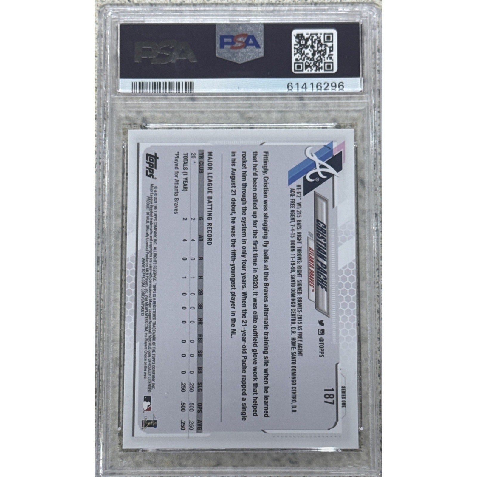 2021 Topps Series 1 CHRISTIAN PACHE ROOKIE RC PSA 9 MINT Atlanta Braves #187
