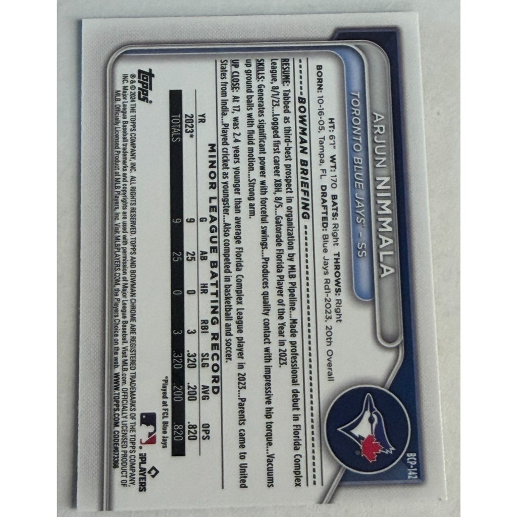 2024 Bowman Chrome Arjun Nimmala Prospects Mega Box Aqua Mojo Refractor /125