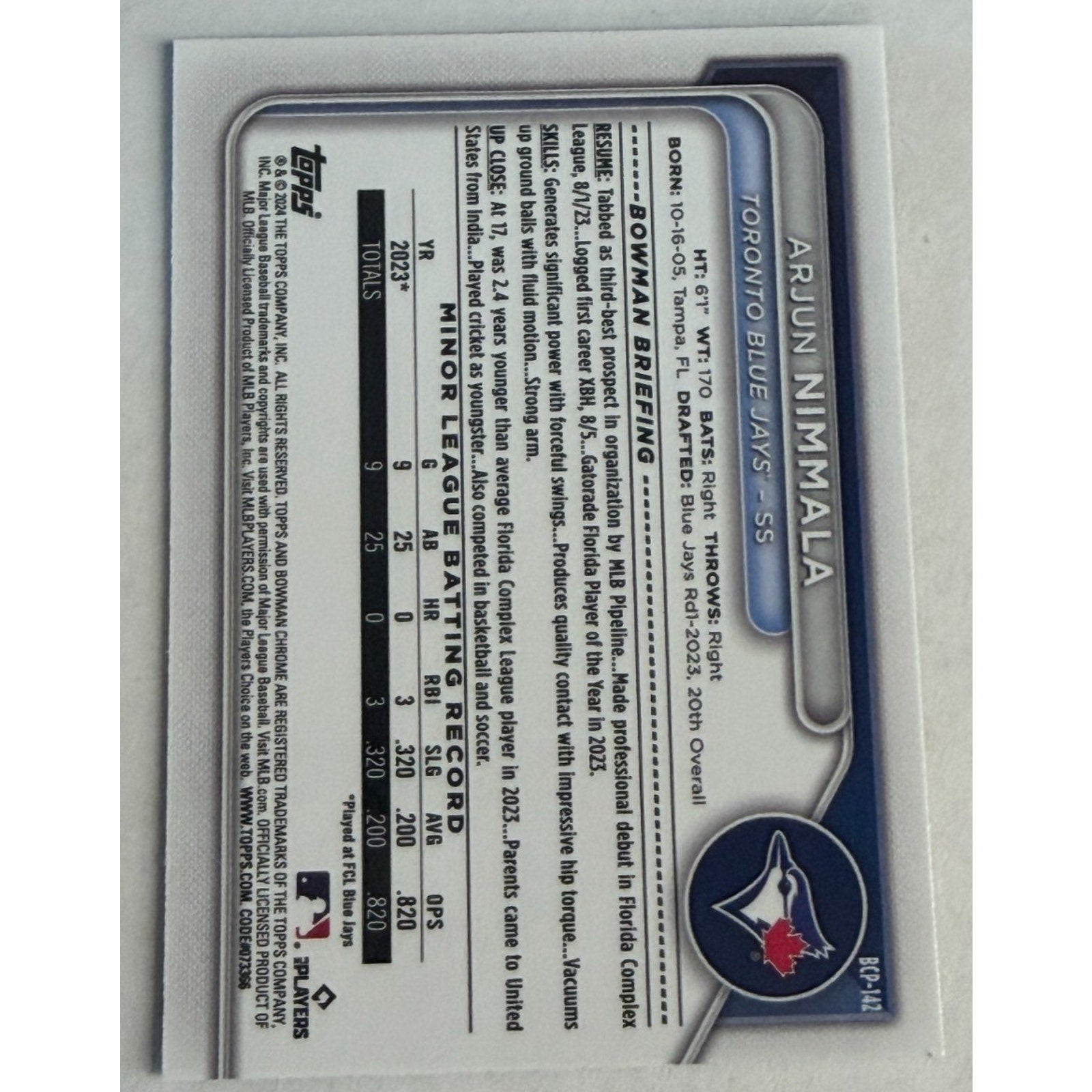 2024 Bowman Chrome Arjun Nimmala Prospects Mega Box Aqua Mojo Refractor /125