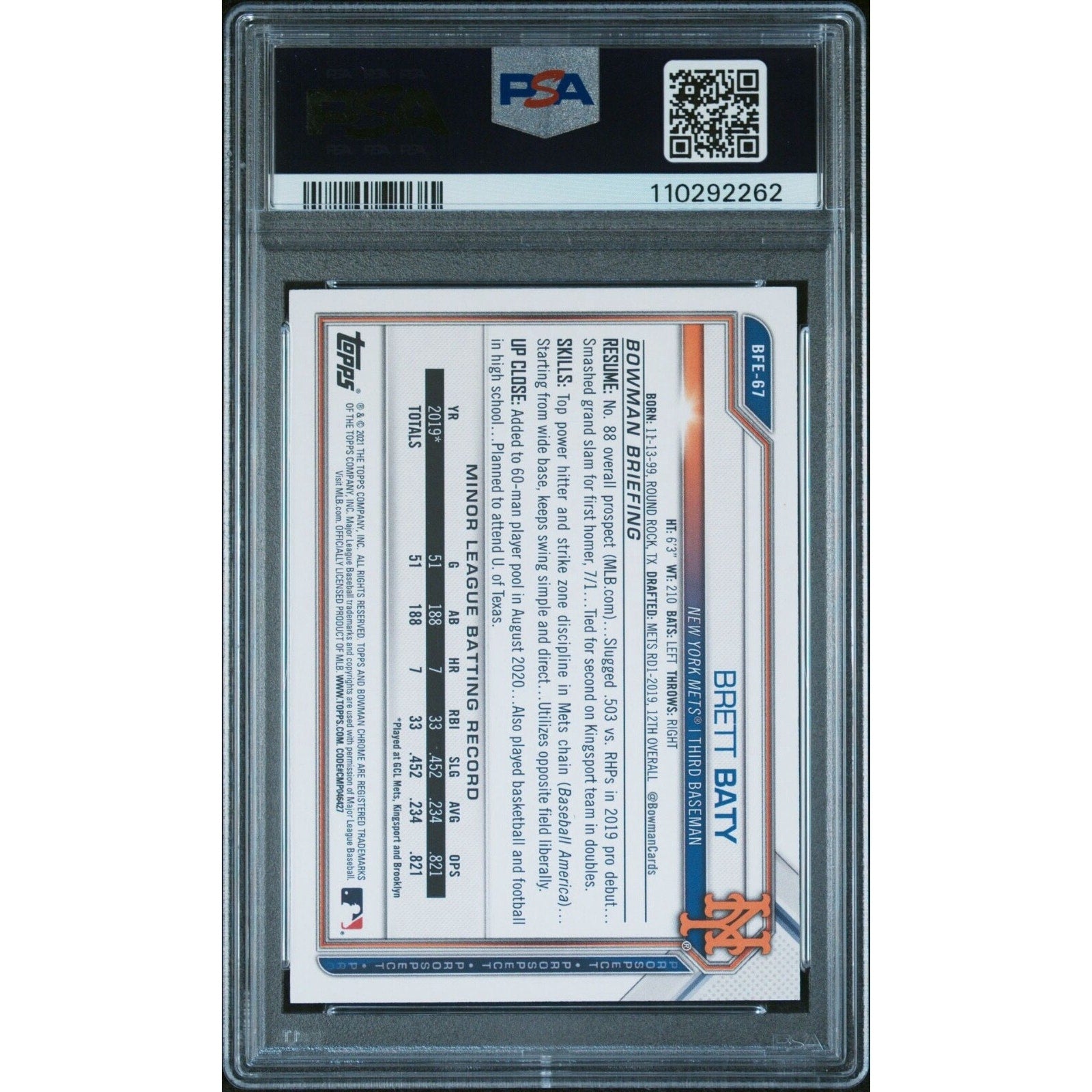 2021 BOWMAN 1ST EDITION BFE67 BRETT BATY BLUE FOIL /150 New York Mets Rookie PSA