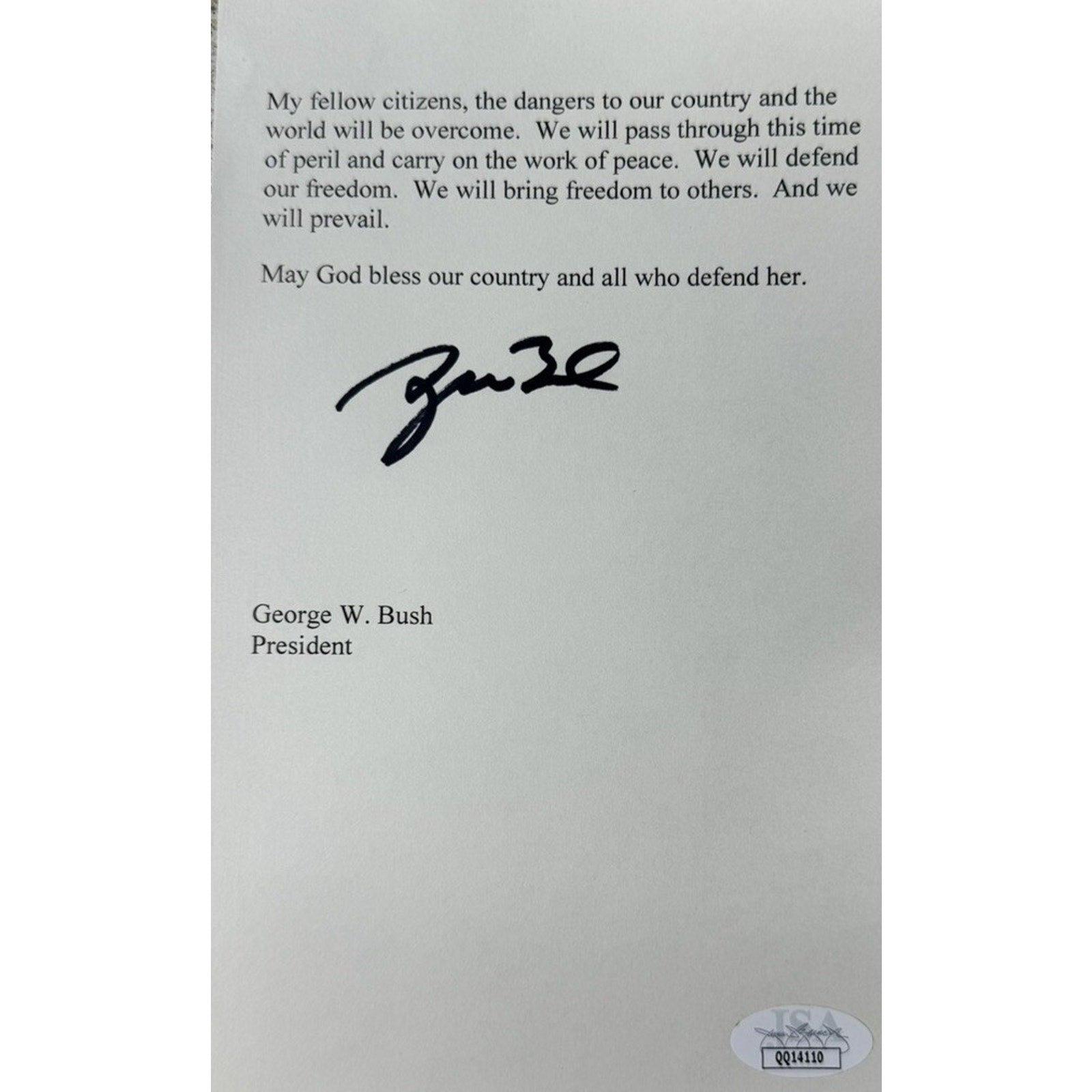 George W Bush Signed Souvenir Invading Iraq Speech COA 43 President USA