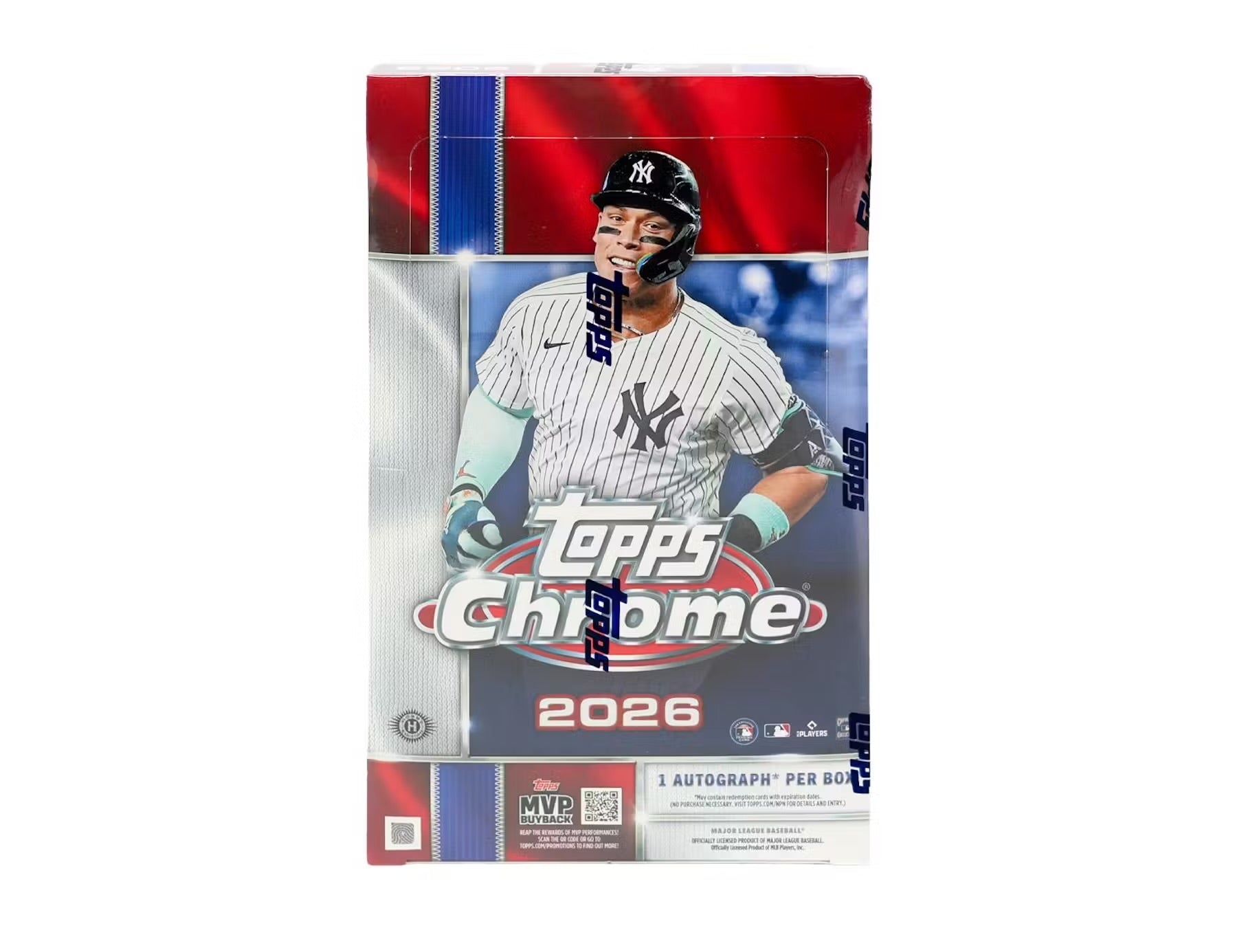 Topps Chrome 2026 baseball trading card booster box featuring a New York Yankees player on the front, shown against a plain white background.