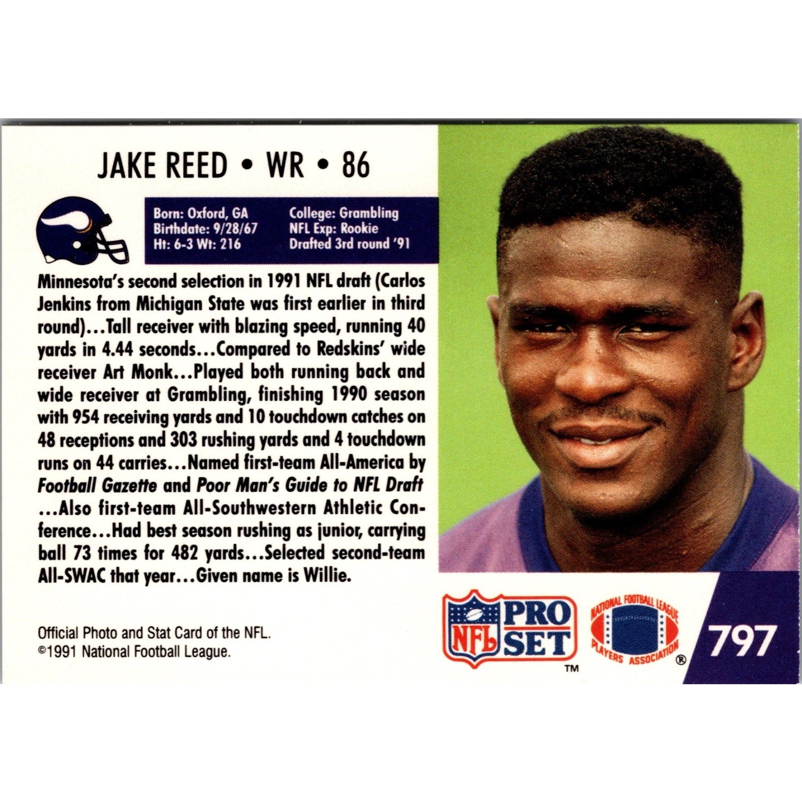 Jake Reed 1991 Pro Set #797 RC Minnesota Vikings Legend