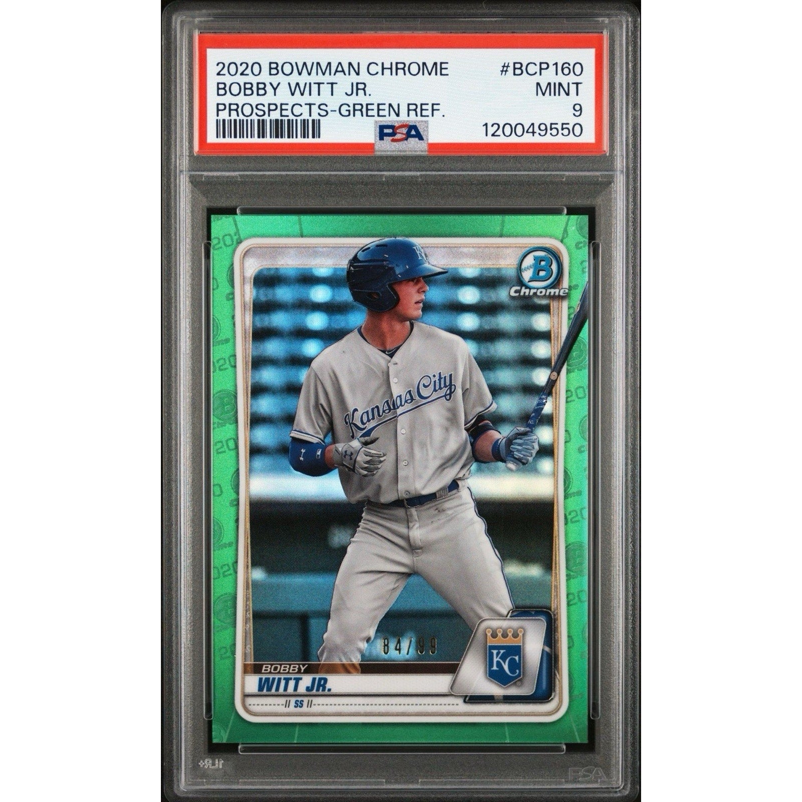 2020 BOWMAN CHROME PROSPECTS BCP160 BOBBY WITT JR. GREEN REFRACTOR /99 PSA 9