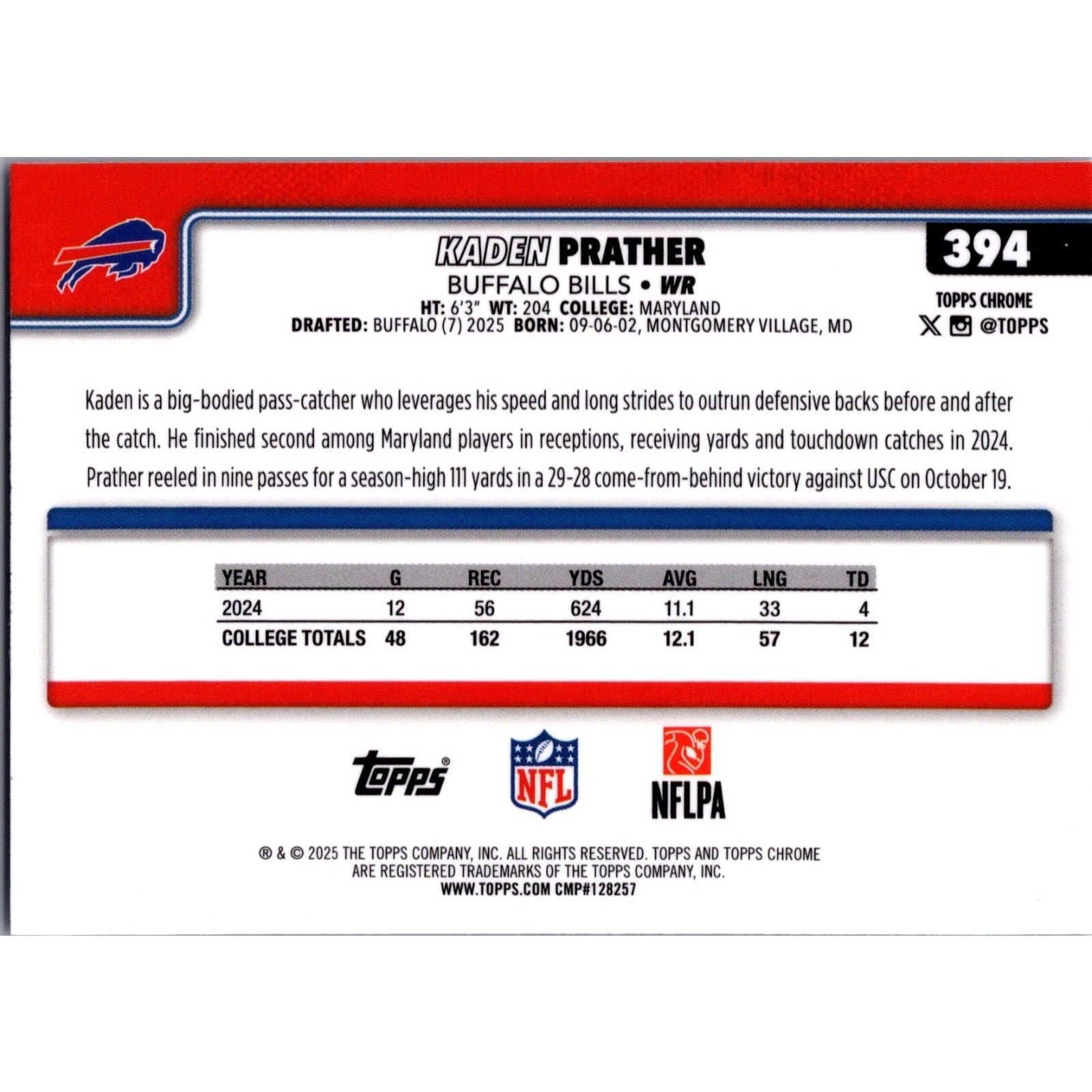 Kaden Prather 2025 Topps Chrome Football Rookie #394 RC Blue /150