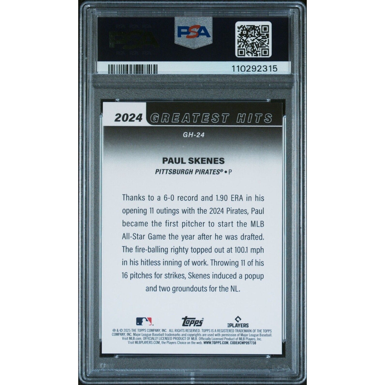 2025 TOPPS 2024 GREATEST HITS #GH-24 PAUL SKENES Pirates Rookie PSA 9 Mint