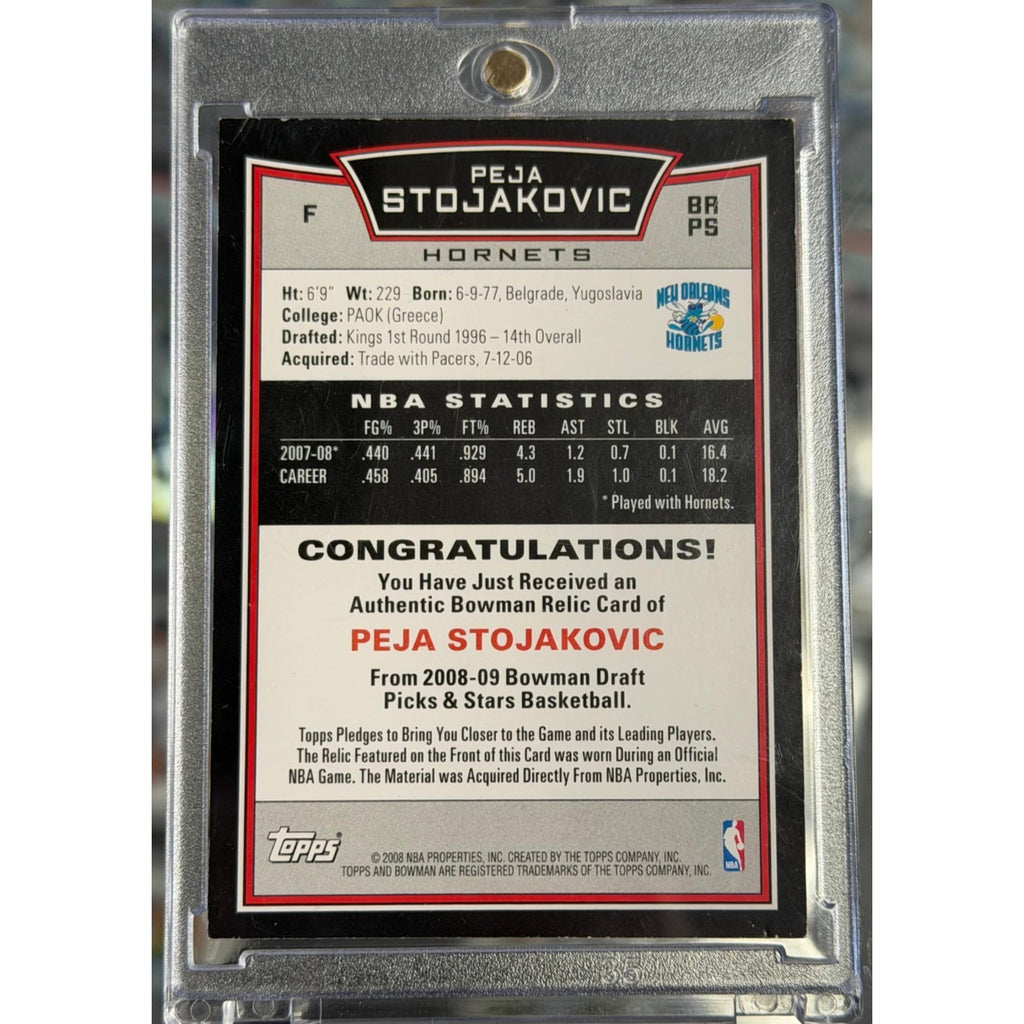 Back of 2008-09 Bowman Peja Stojakovic authentic game-used jersey relic card showing memorabilia authentication details