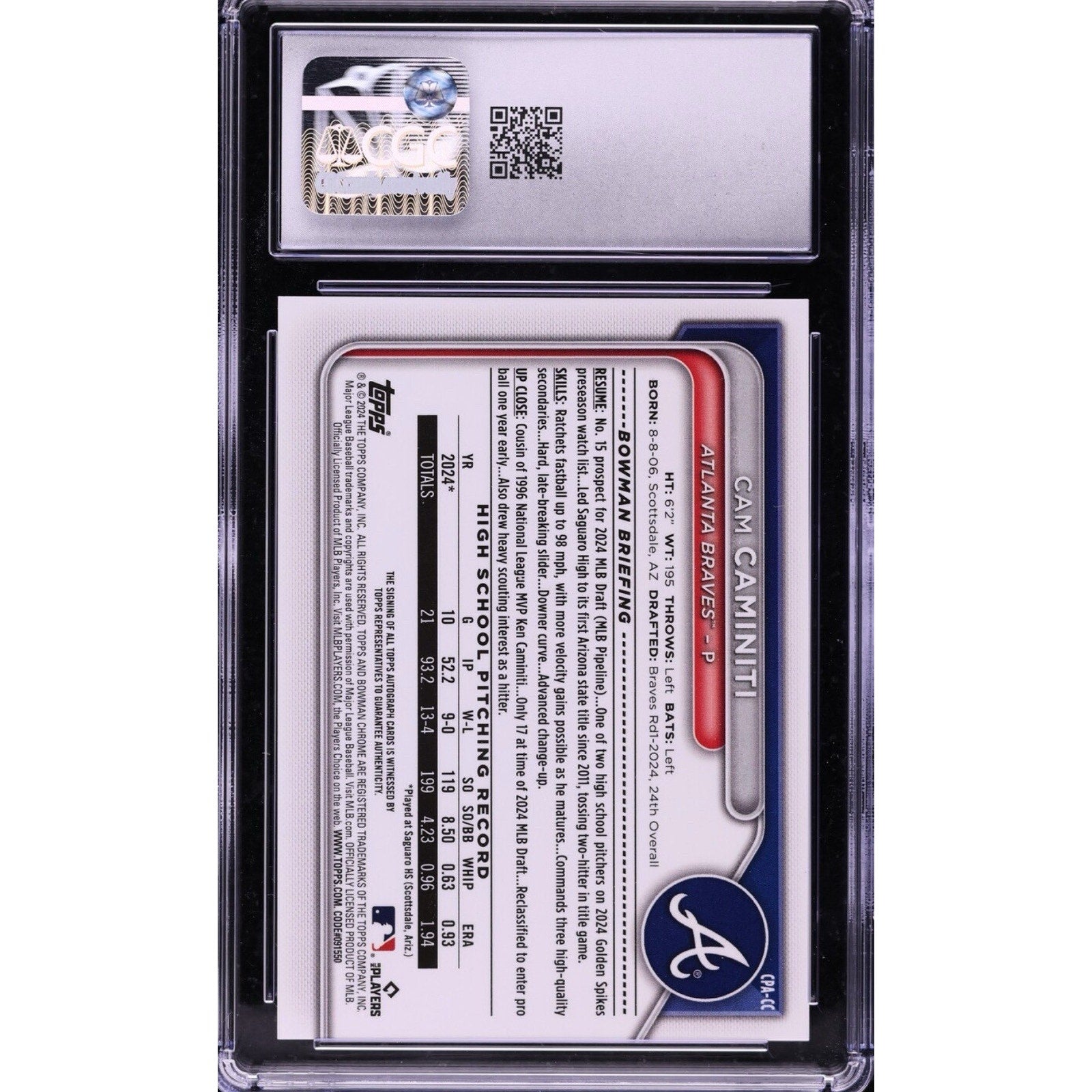 2024 Bowman Draft Chrome Auto Purple Refractor #CPA-CC Cam Caminiti /250 CGC 9