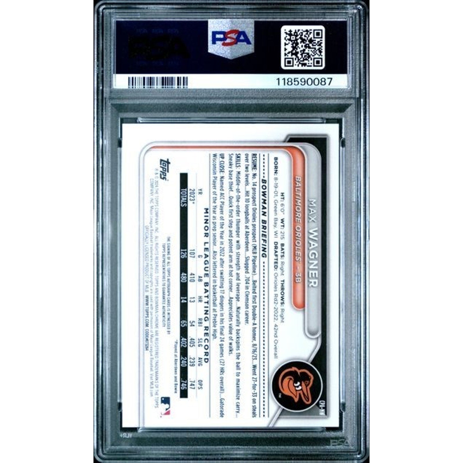 Max Wagner 2024 Bowman Chrome Prospects Auto Orange Refractor /25 #CPA-MW PSA 8