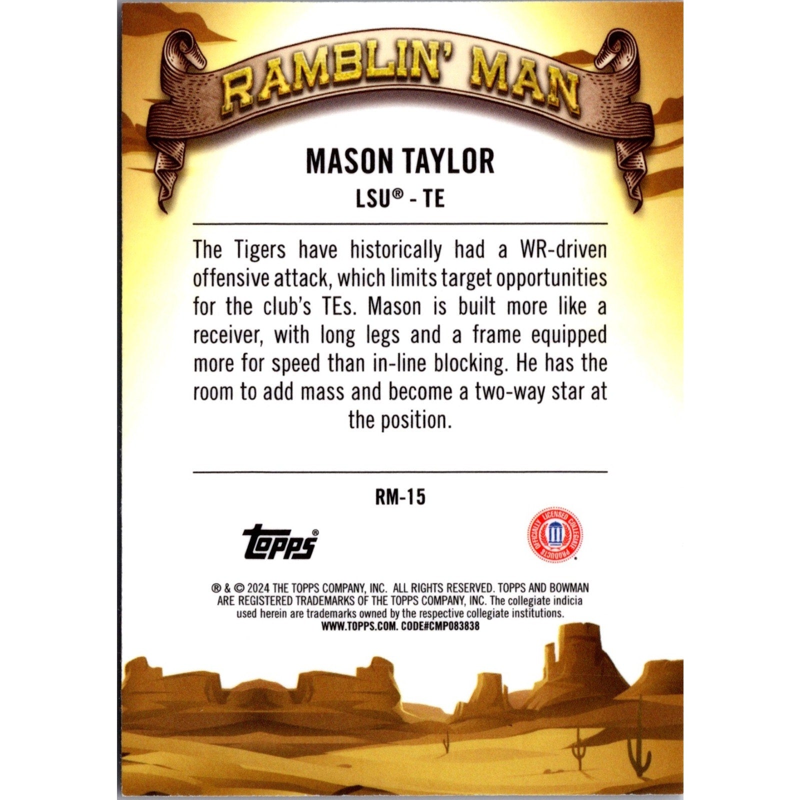 Mason Taylor 2024 Bowman University Chrome #RM-15 Ramblin’ Man New York Jets