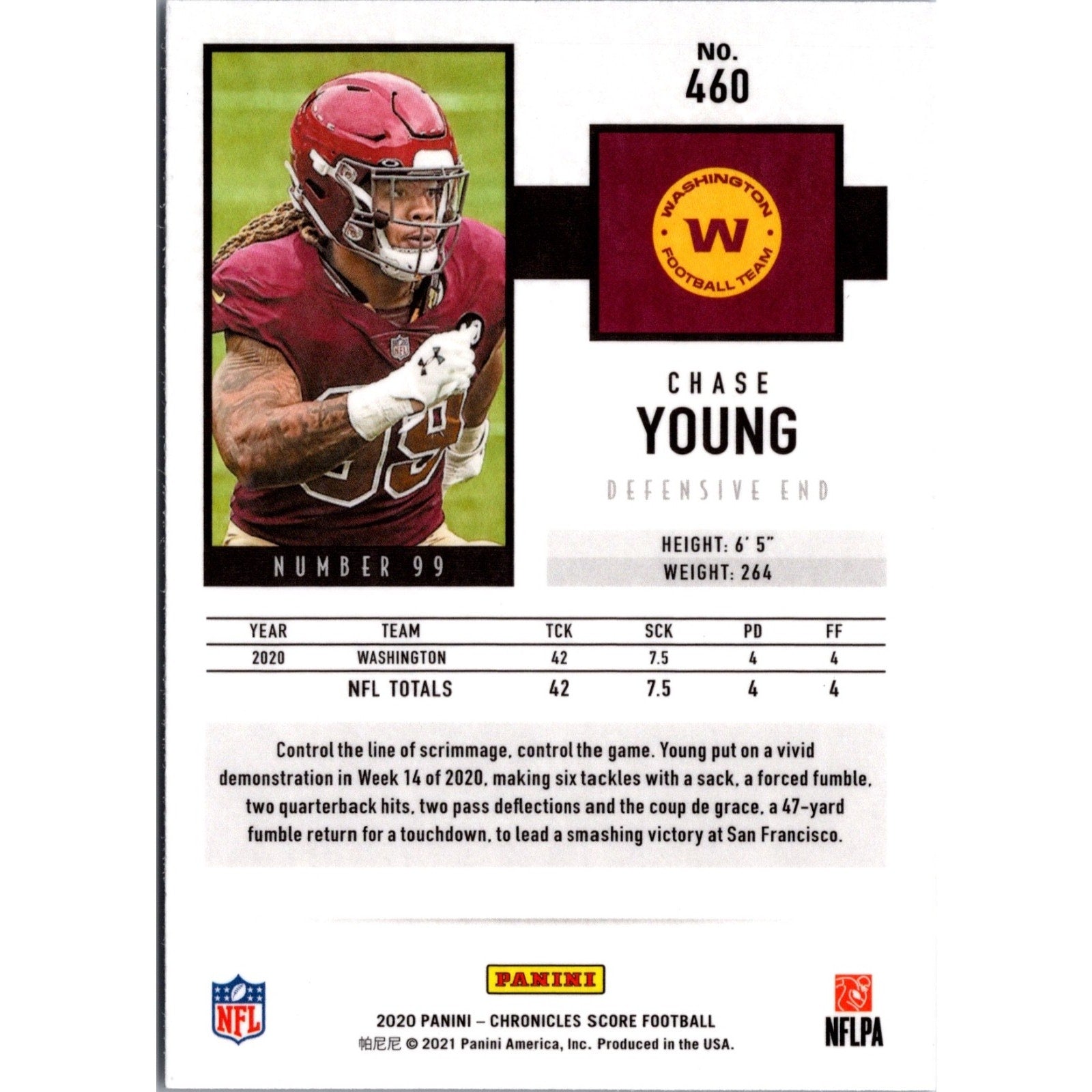 Chase Young Rookie 2020 Panini Chronicles Score #460 RC Washington Commanders