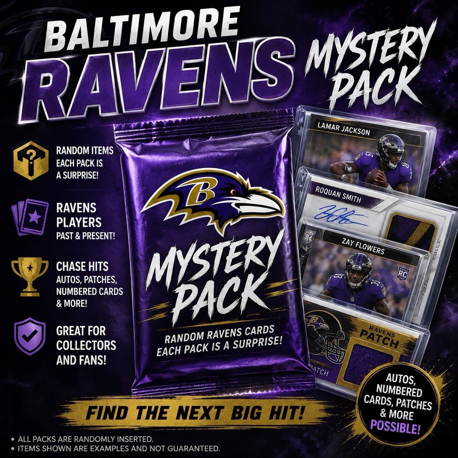 Baltimore Ravens Football Mystery Pack featuring 10 trading cards with chances for rookie cards, autographs, relics, and numbered hits