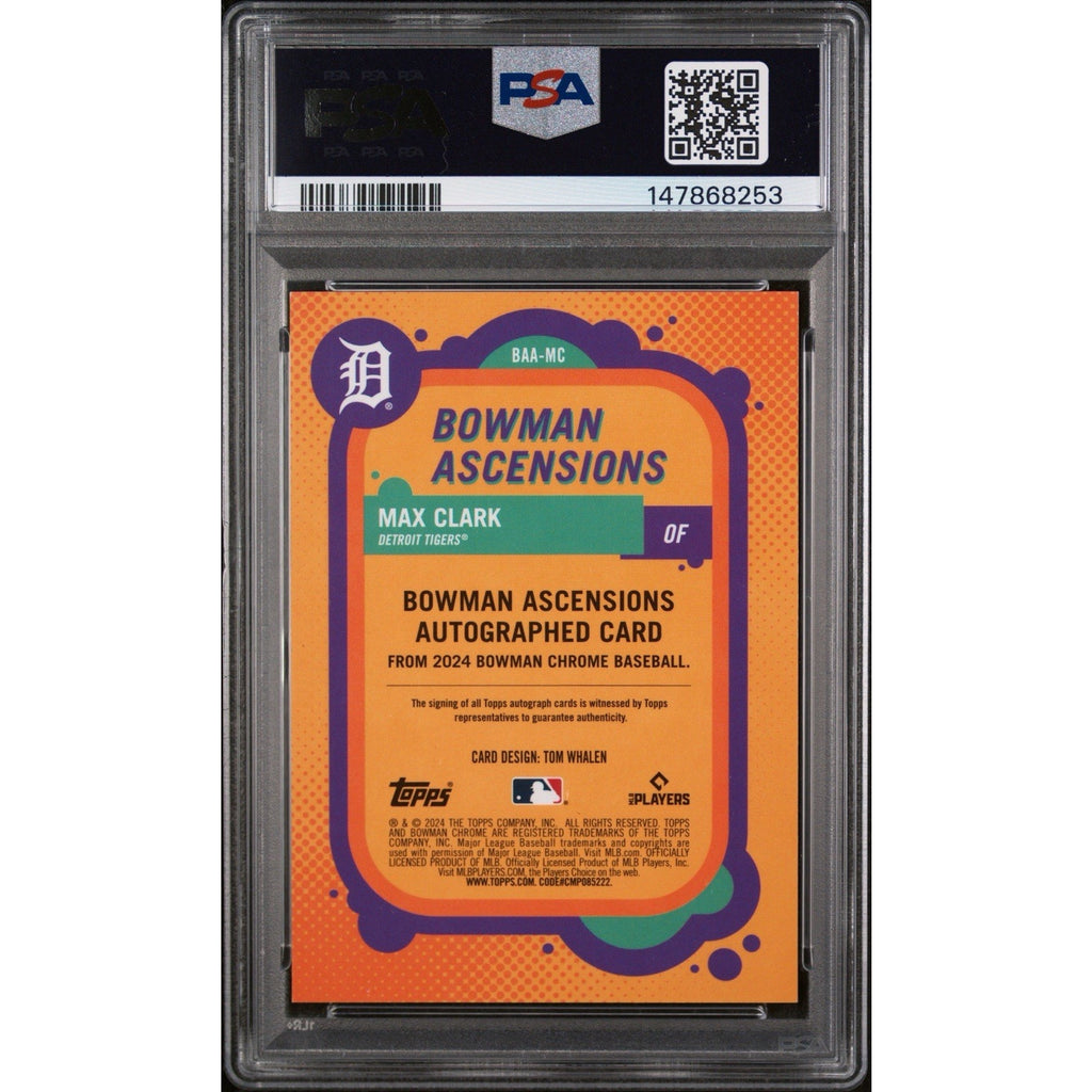 2024 Bowman Chrome Bowman Ascensions Autographs Max Clark #MC PSA 9 Mint rookie card back featuring prospect information and card details