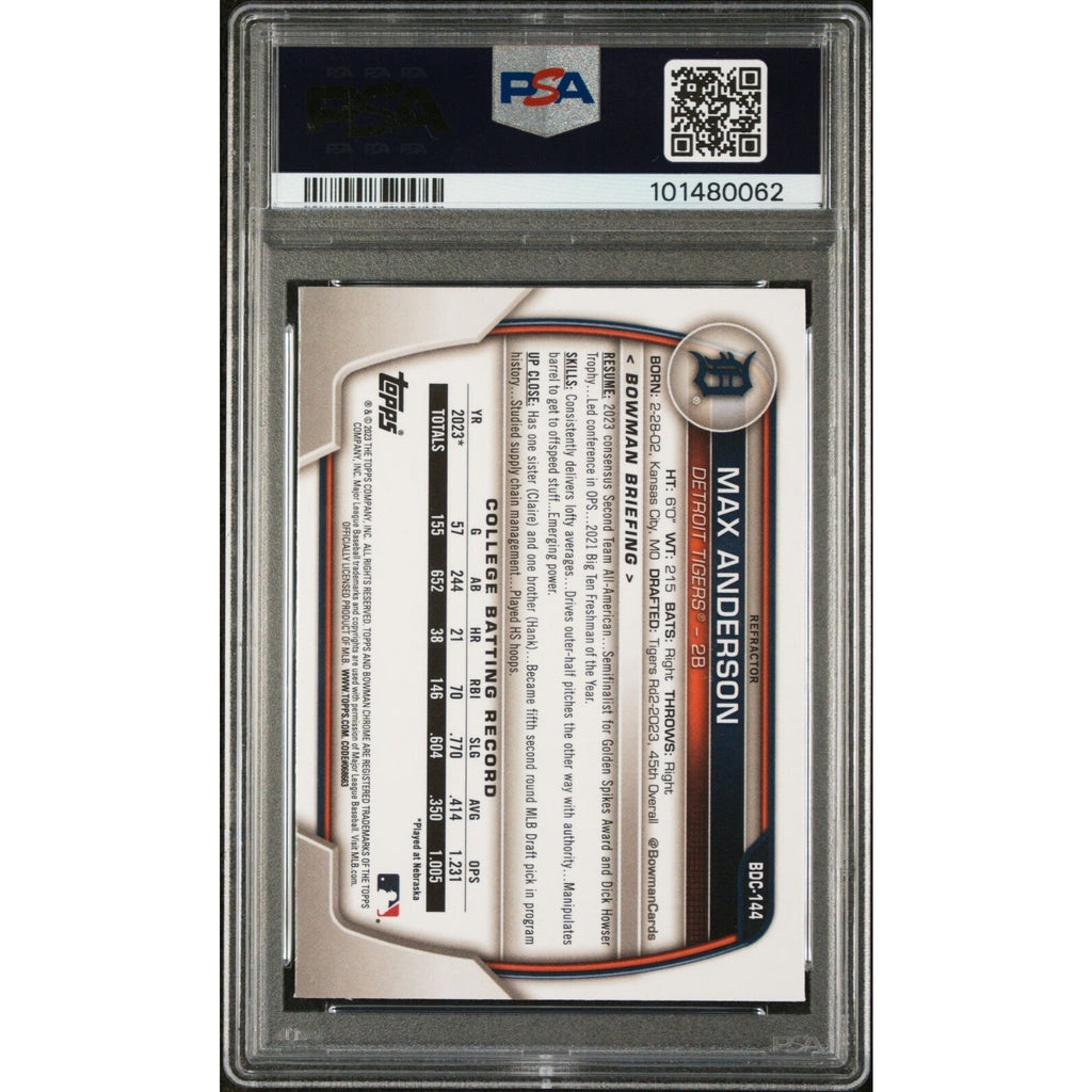 2023 BOWMAN DRAFT BDC144 MAX ANDERSON CHROME-REFRACTOR PSA 9 Mint Tigers Rookie