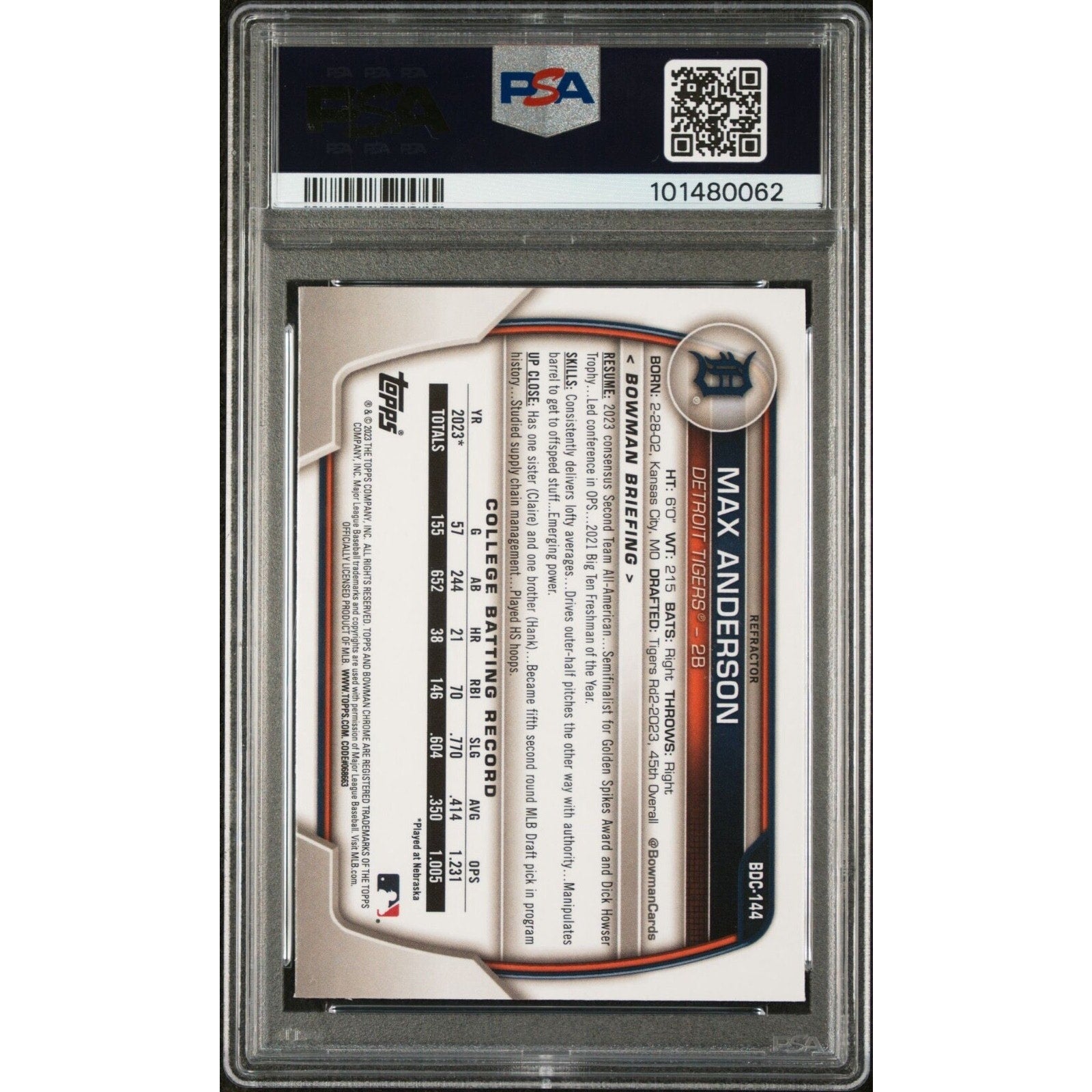 2023 BOWMAN DRAFT BDC144 MAX ANDERSON CHROME-REFRACTOR PSA 9 Mint Tigers Rookie