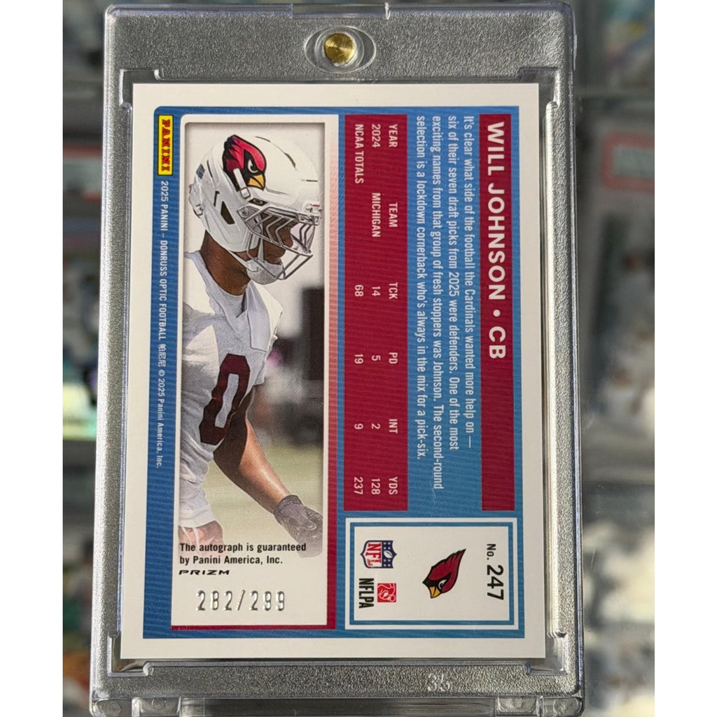 Back of 2025 Donruss Optic Will Johnson Rated Rookie autograph Blue Prizm card serial numbered 282 of 299