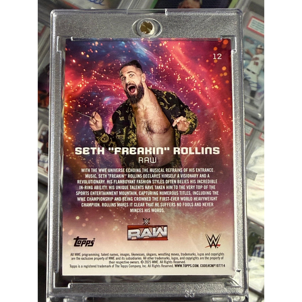 Back of 2025 Topps WWE Universe #12 Seth Rollins Purple Glass parallel card serial numbered 63 of 399