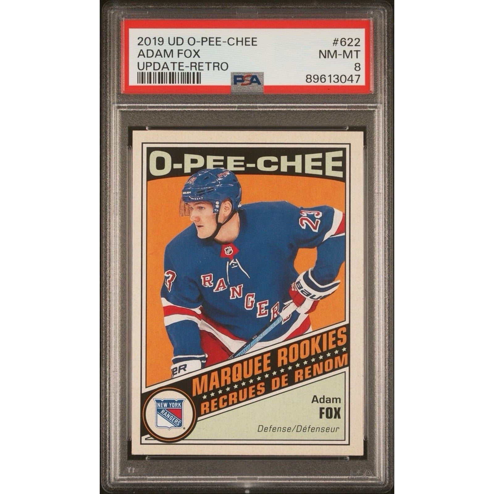 2019 O-Pee-Chee Adam Fox Marquee Rookies Retro rookie card #622 PSA New York Rangers hockey card front view