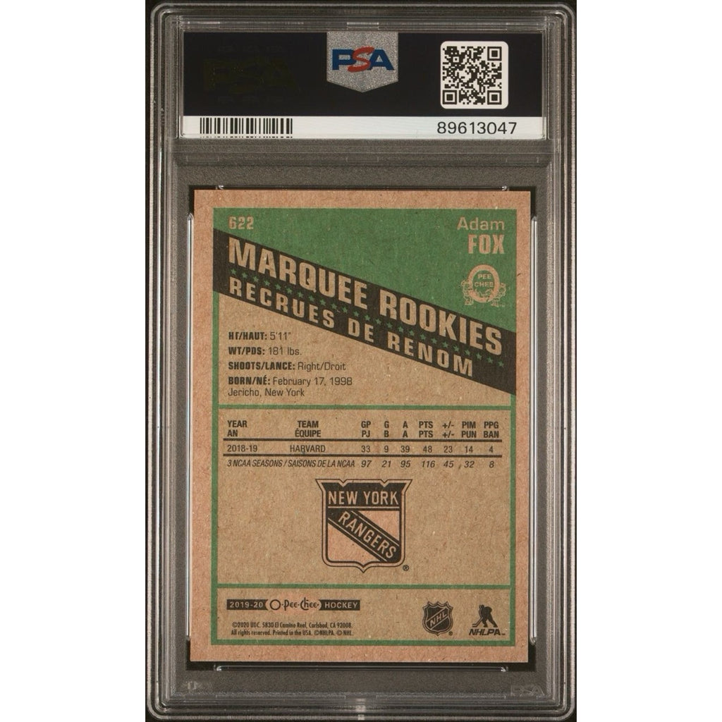 Back view of 2019 O-Pee-Chee Adam Fox Marquee Rookies Retro rookie hockey card PSA graded collectible