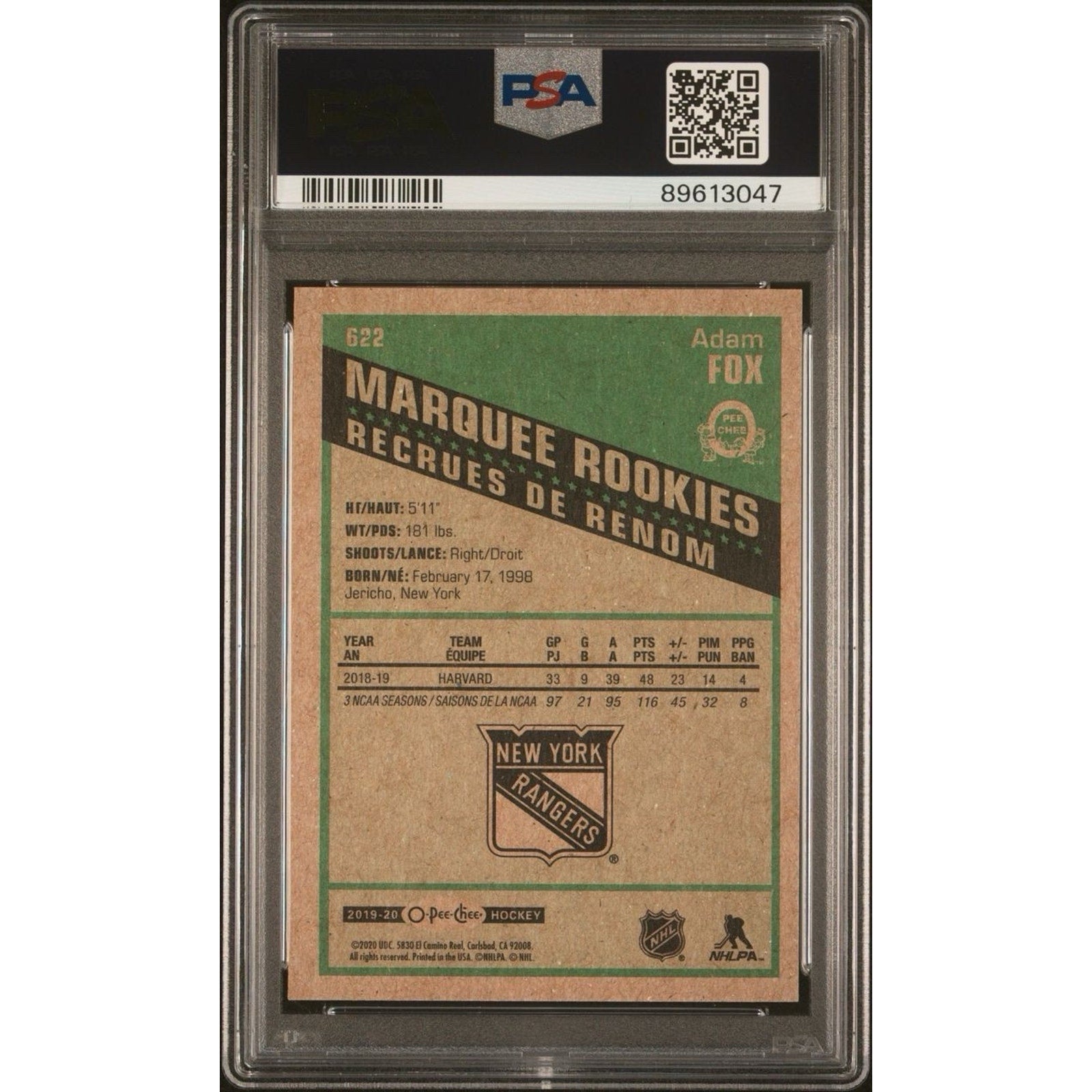 Back view of 2019 O-Pee-Chee Adam Fox Marquee Rookies Retro rookie hockey card PSA graded collectible